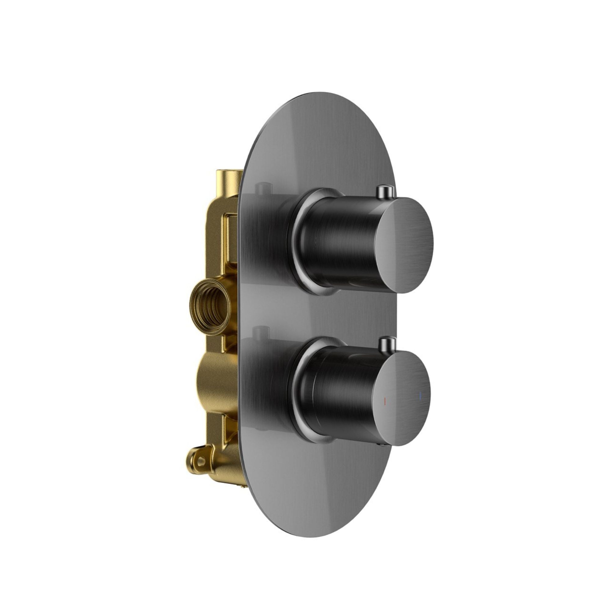 Granlusso portofino shower control panel with gunmetal finish on a white background deluxe bathrooms
