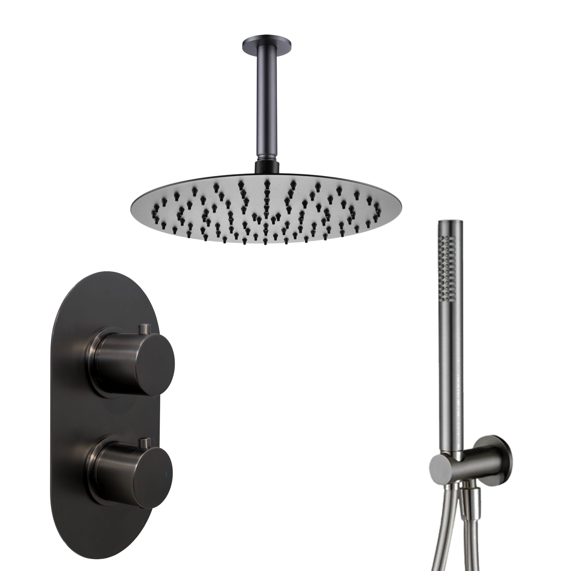 Granlusso portofino Shower head, control valve, and pencil handheld shower in gunmetal finish ceiling mounted on a white background deluxe bathrooms