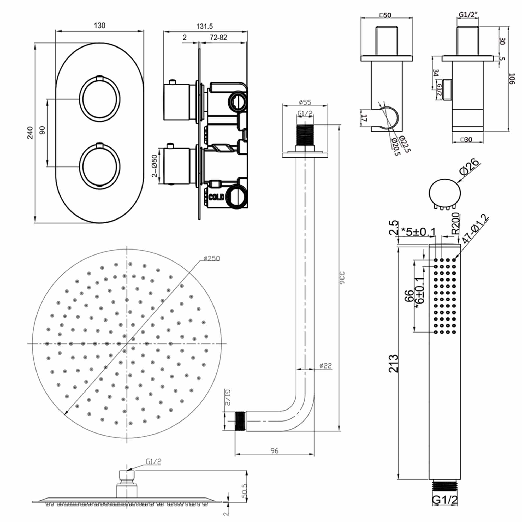 granlusso portofino 2 outlet thermostatic shower valve with pencil handset and fixed overhead dimensions