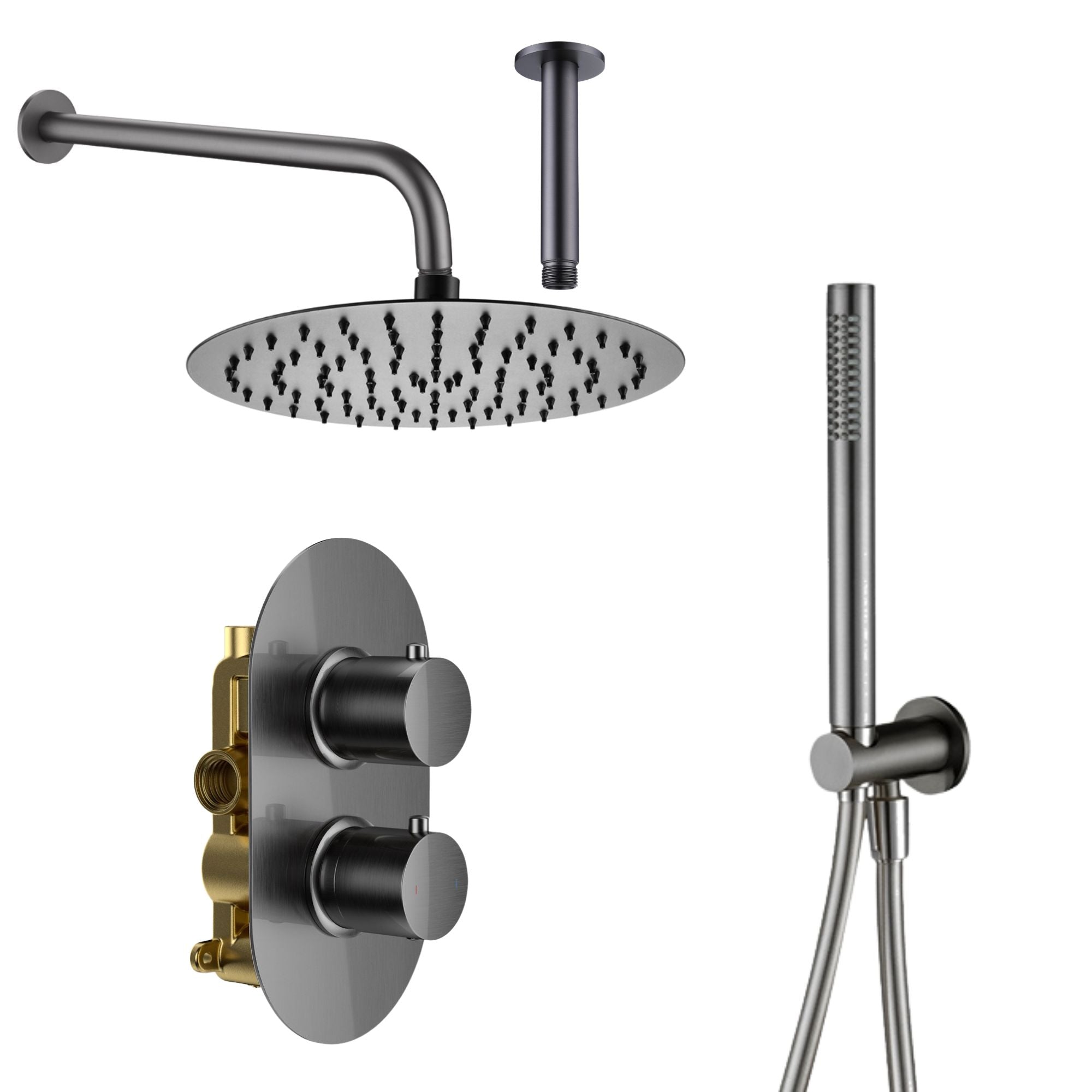 Granlusso portofino shower head, control valve, and pencil handheld shower in gunmetal finish on a white background deluxe bathrooms