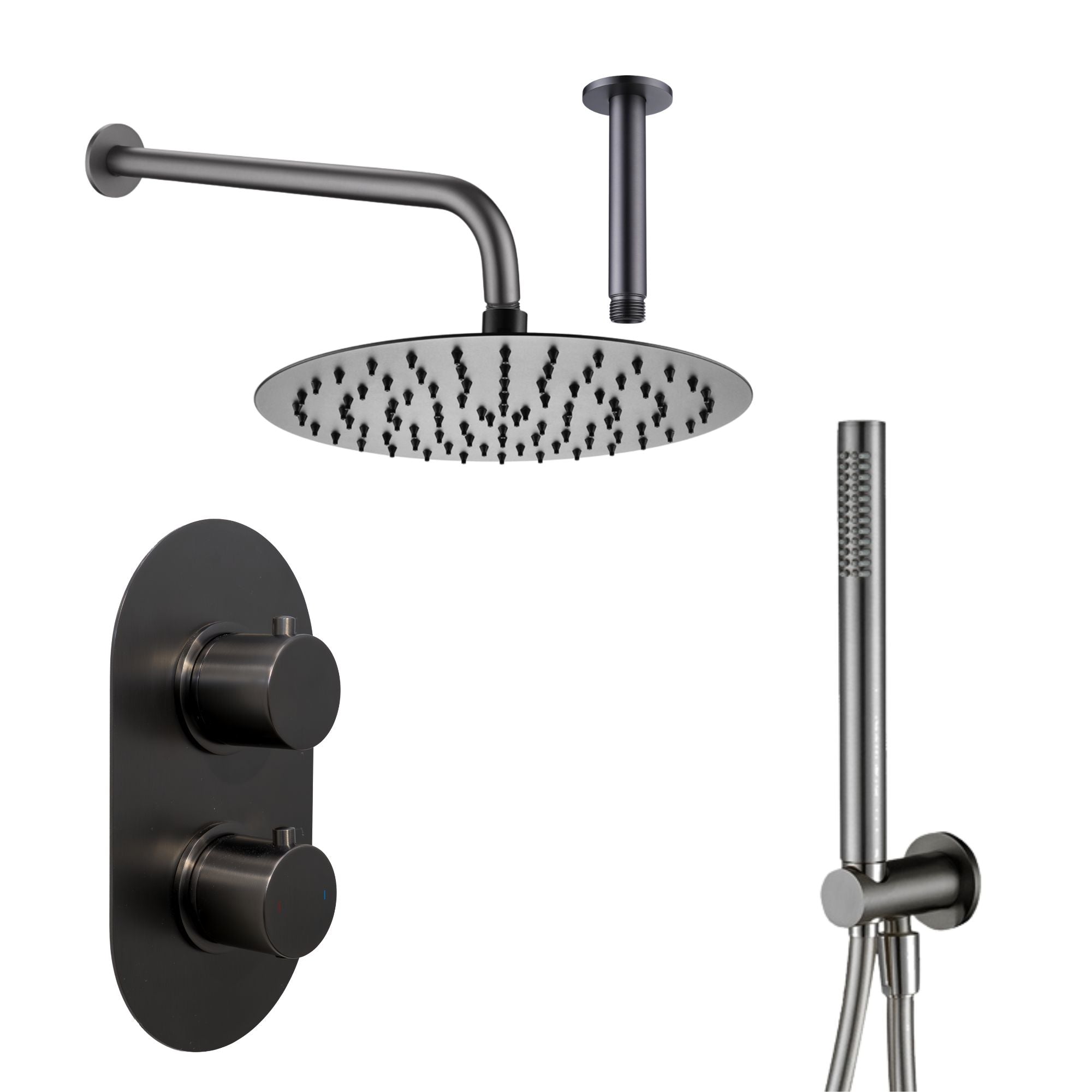 Granlusso portofino shower head, control valve, and pencil handheld shower in gunmetal finish on a white background deluxe bathrooms