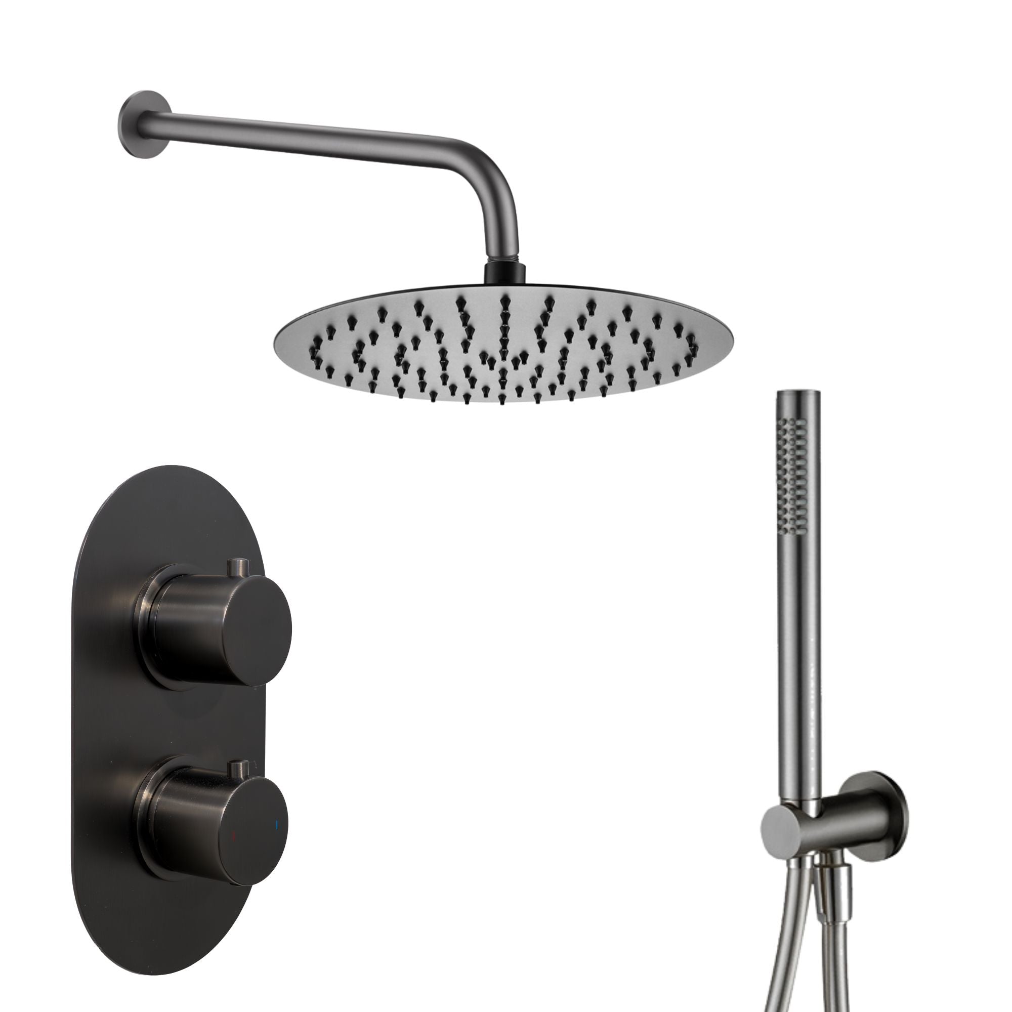 Granlusso portofino Shower head, control valve, and pencil handheld shower in gunmetal finish wall mounted on a white background deluxe bathrooms