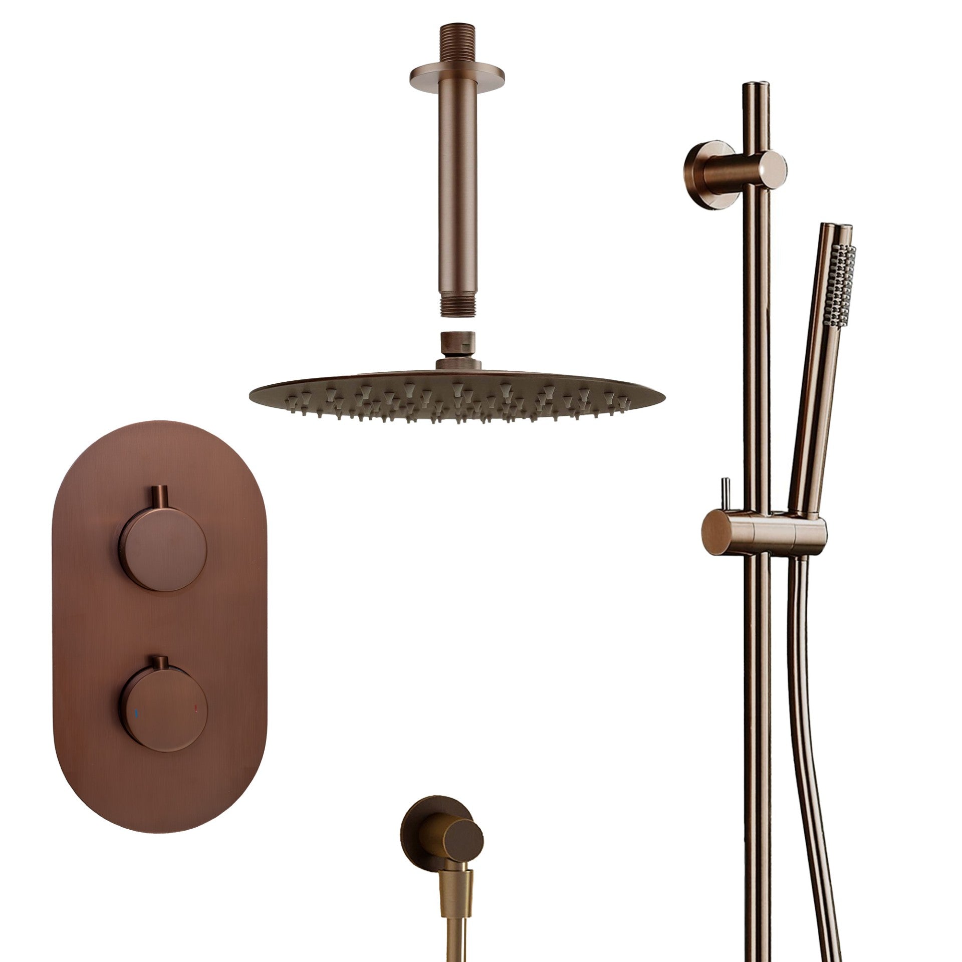 granlusso portofino 2 outlet thermostatic shower valve with slide rail pencil handset and fixed overhead brushed bronze