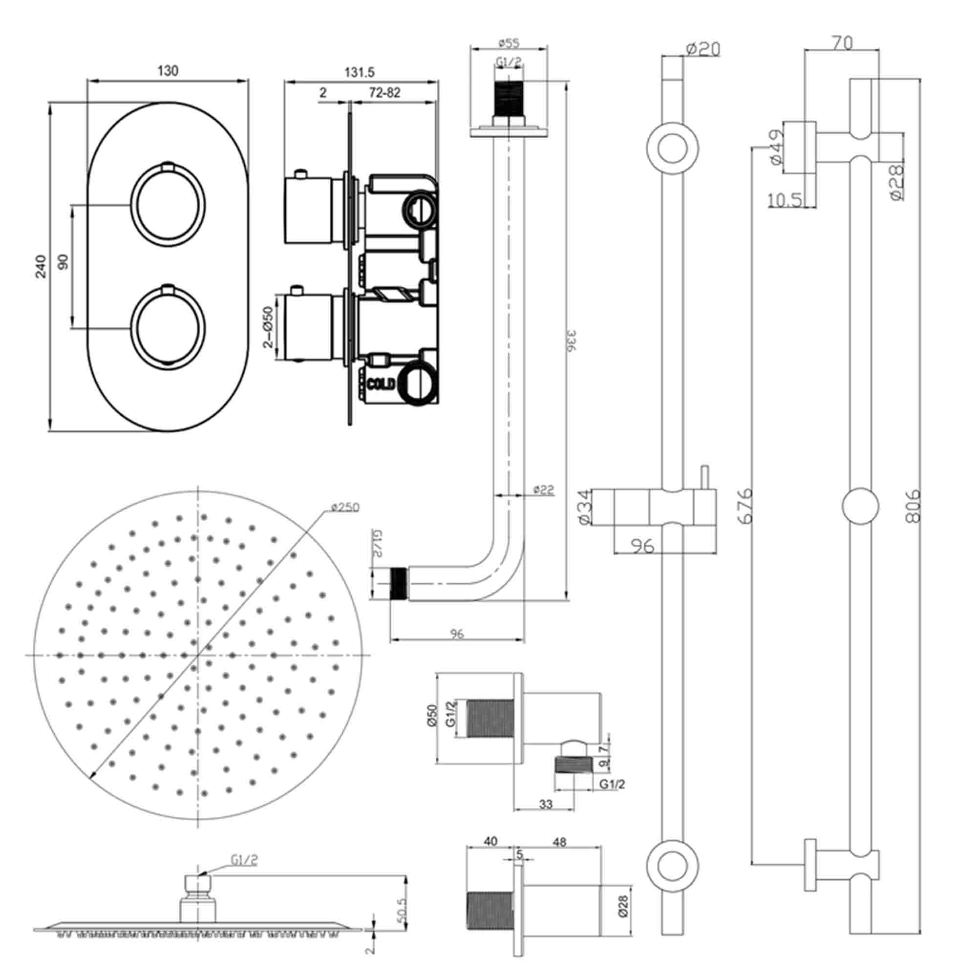 granlusso portofino 2 outlet thermostatic shower valve with slide rail pencil handset and fixed overhead brushed brass