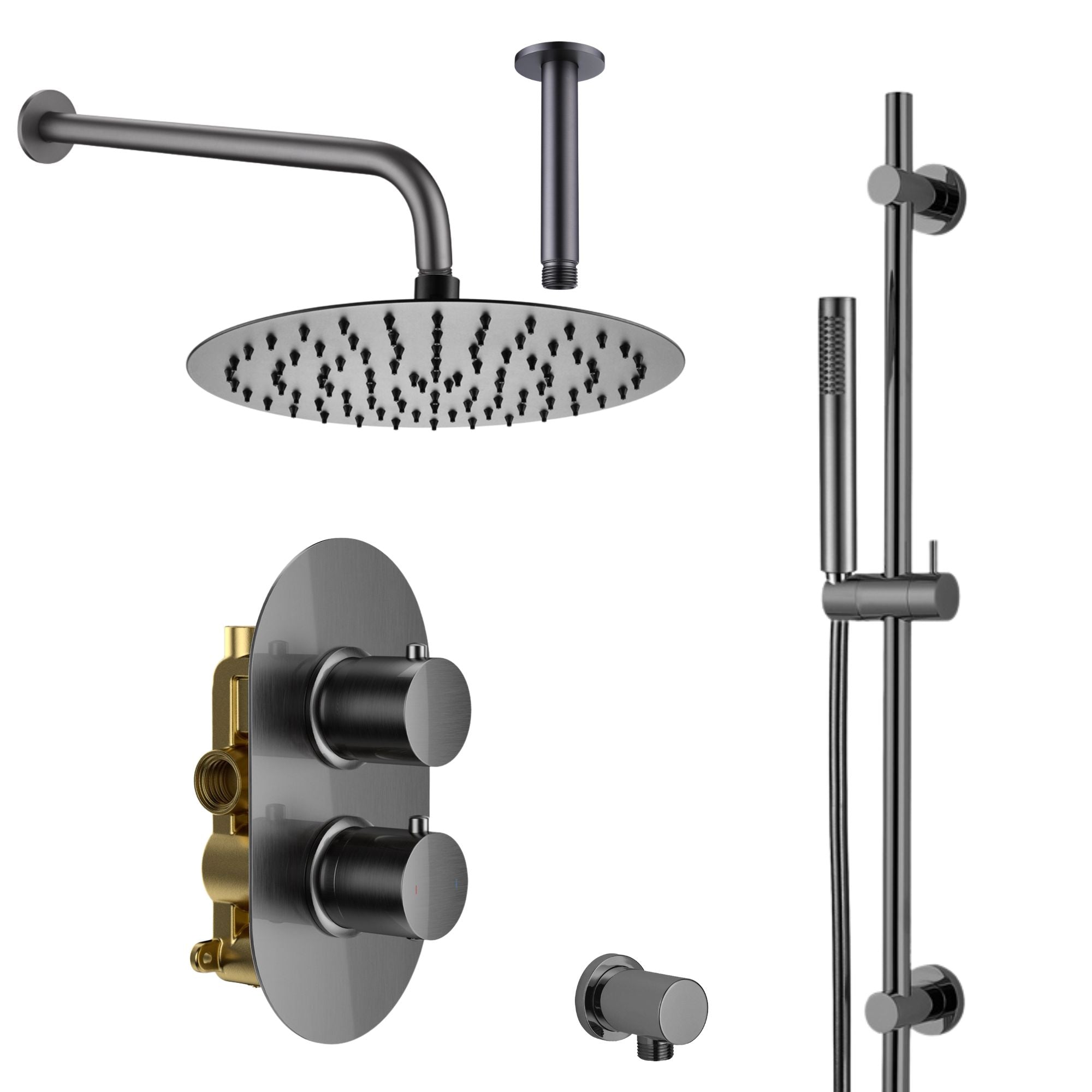 Portofino Black shower head, control valve, and pencil handheld shower gunmetal on a white background deluxe bathrooms