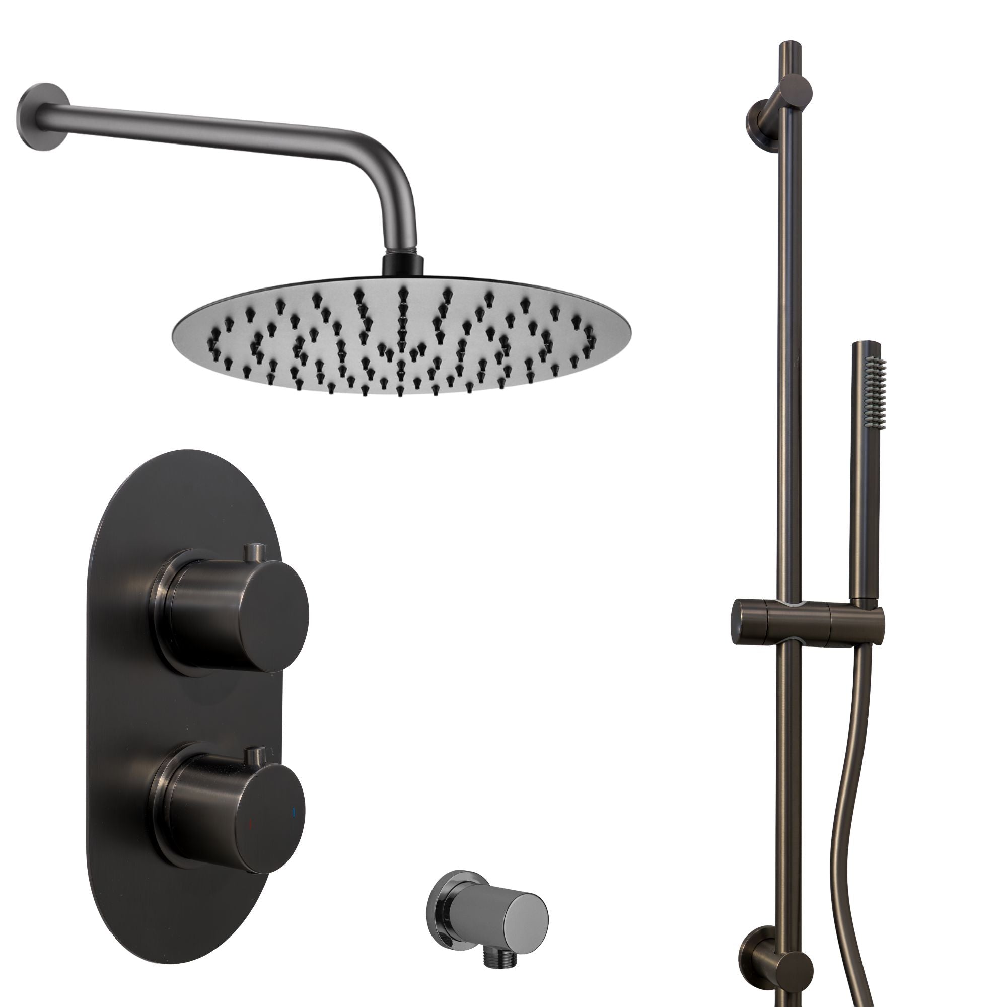 Portofino Black shower head, control valve, and pencil handheld shower gunmetal on a white background deluxe bathrooms