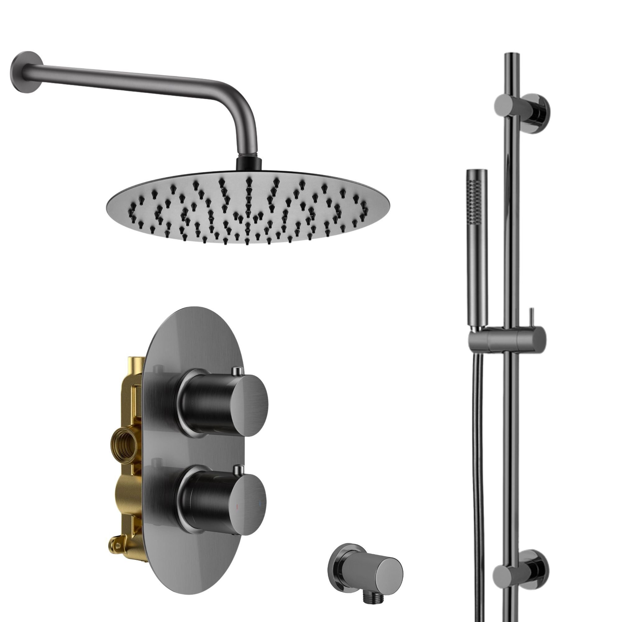 Portofino Shower head, control valve, and handheld shower gunmetal on a white background deluxe bathrooms