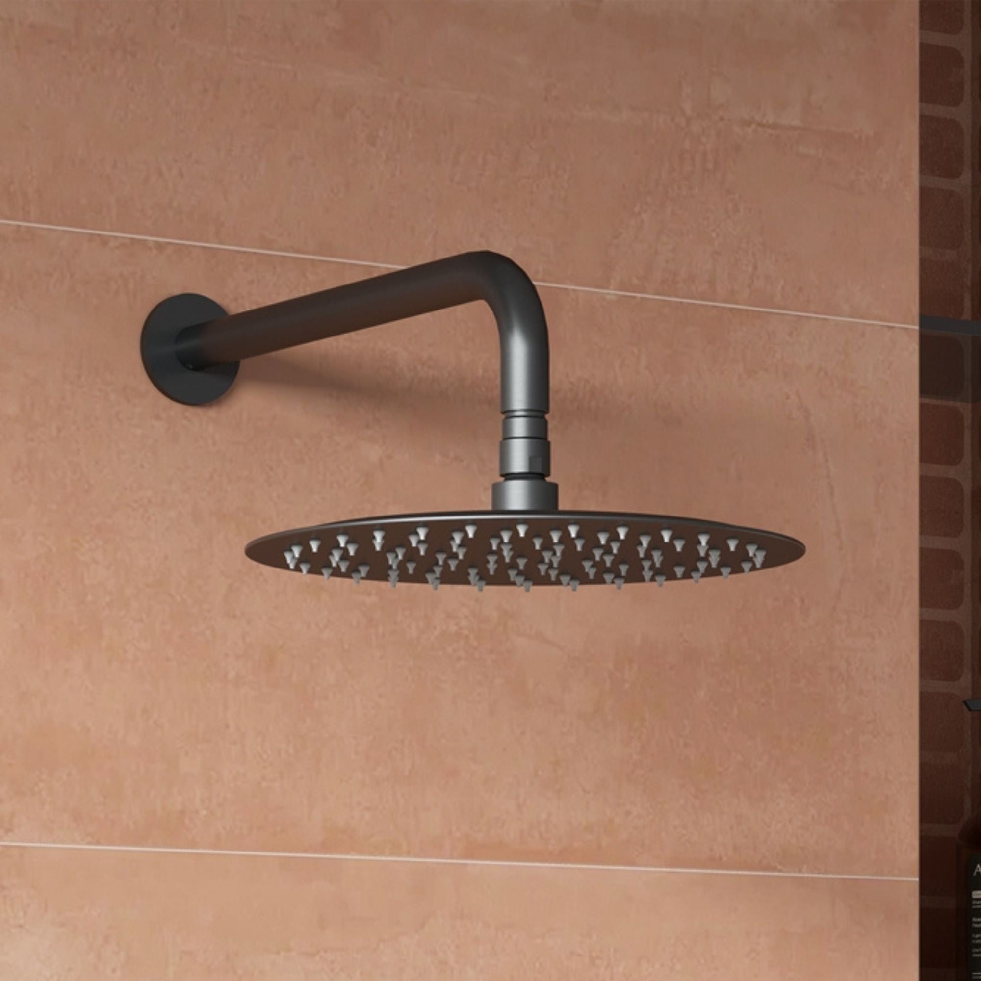 Gunmetal shower head mounted on a tiled wall deluxe bathrooms