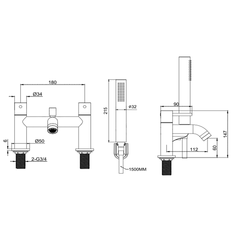 Granlusso Portofino Bath Shower Mixer With Handset Kit Technical Drawing