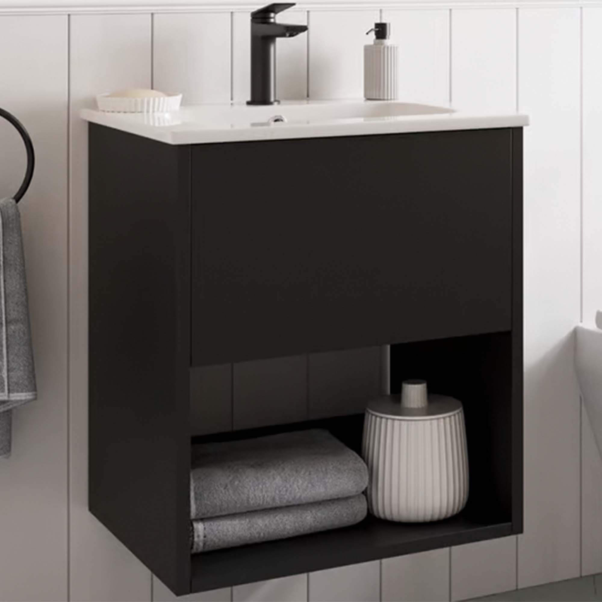 hackney 500mm wall mounted vanity unit with basin and open shelf matt black