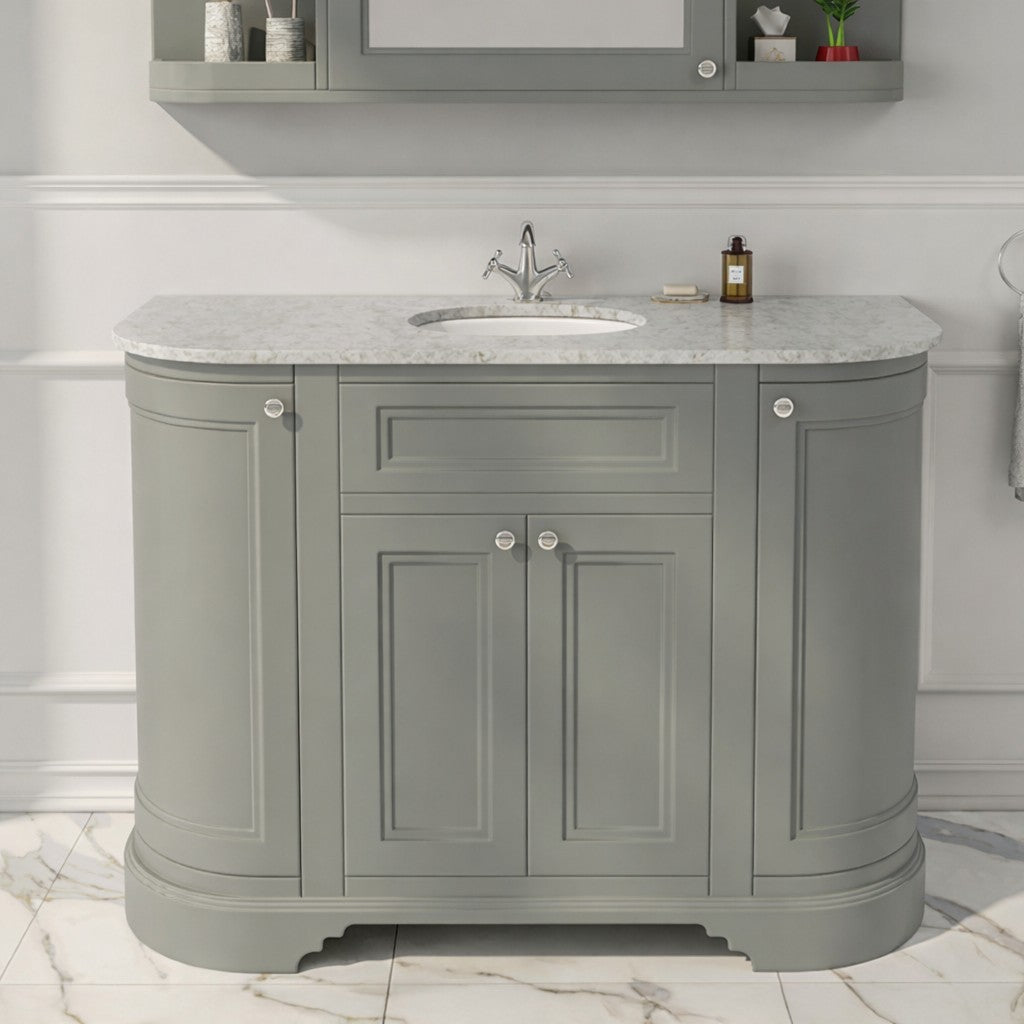 hampton 1200 curved floor standing vanity unit with marble effect worktop and basin light grey