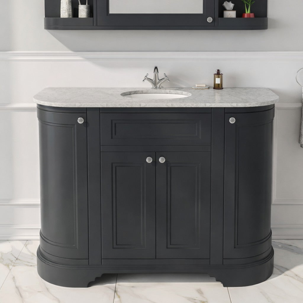 hampton 1200 curved floor standing vanity unit with marble effect worktop and basin shadow grey