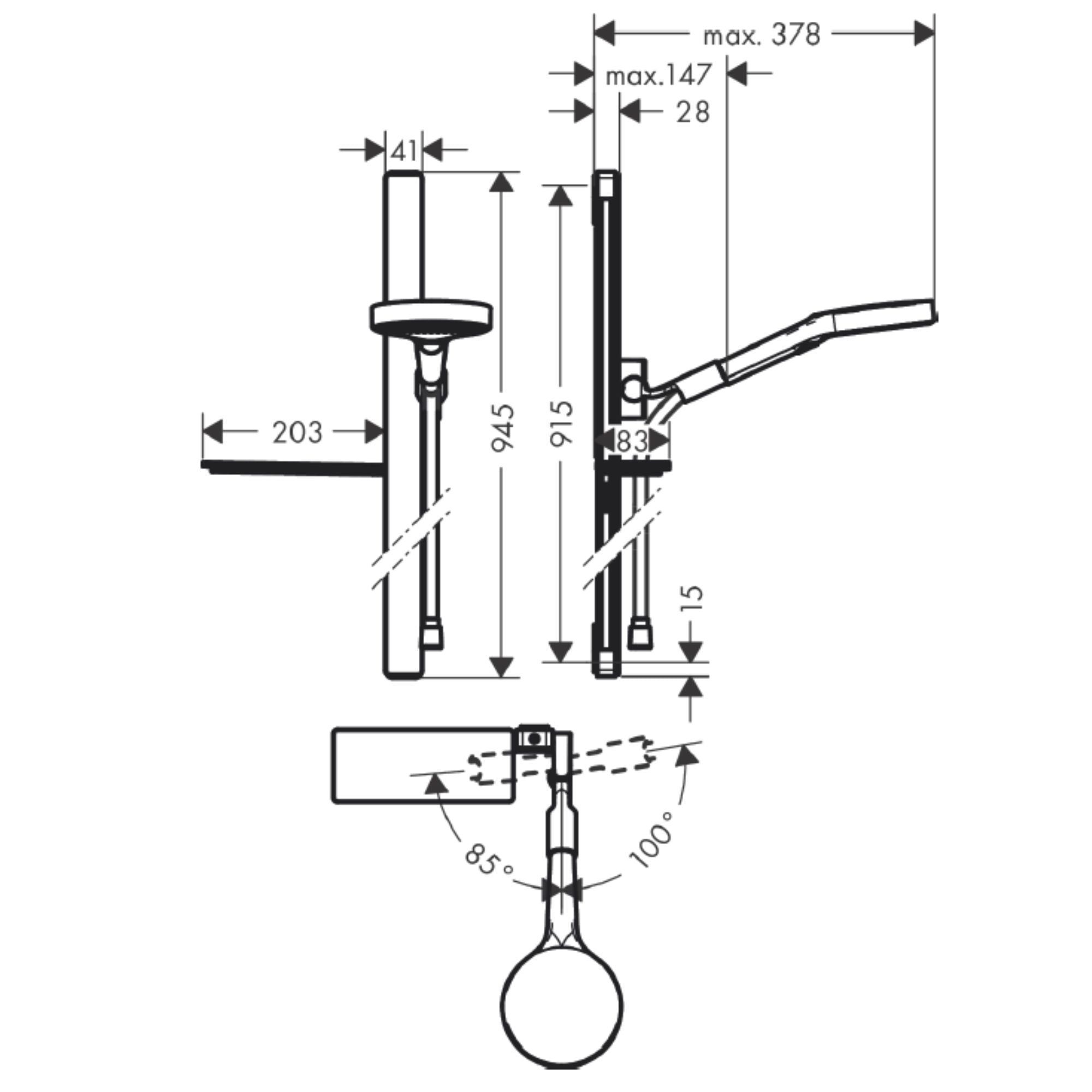 Hansgrohe Shower Set 130 3 Jet With Shower Bar Technical Drawing