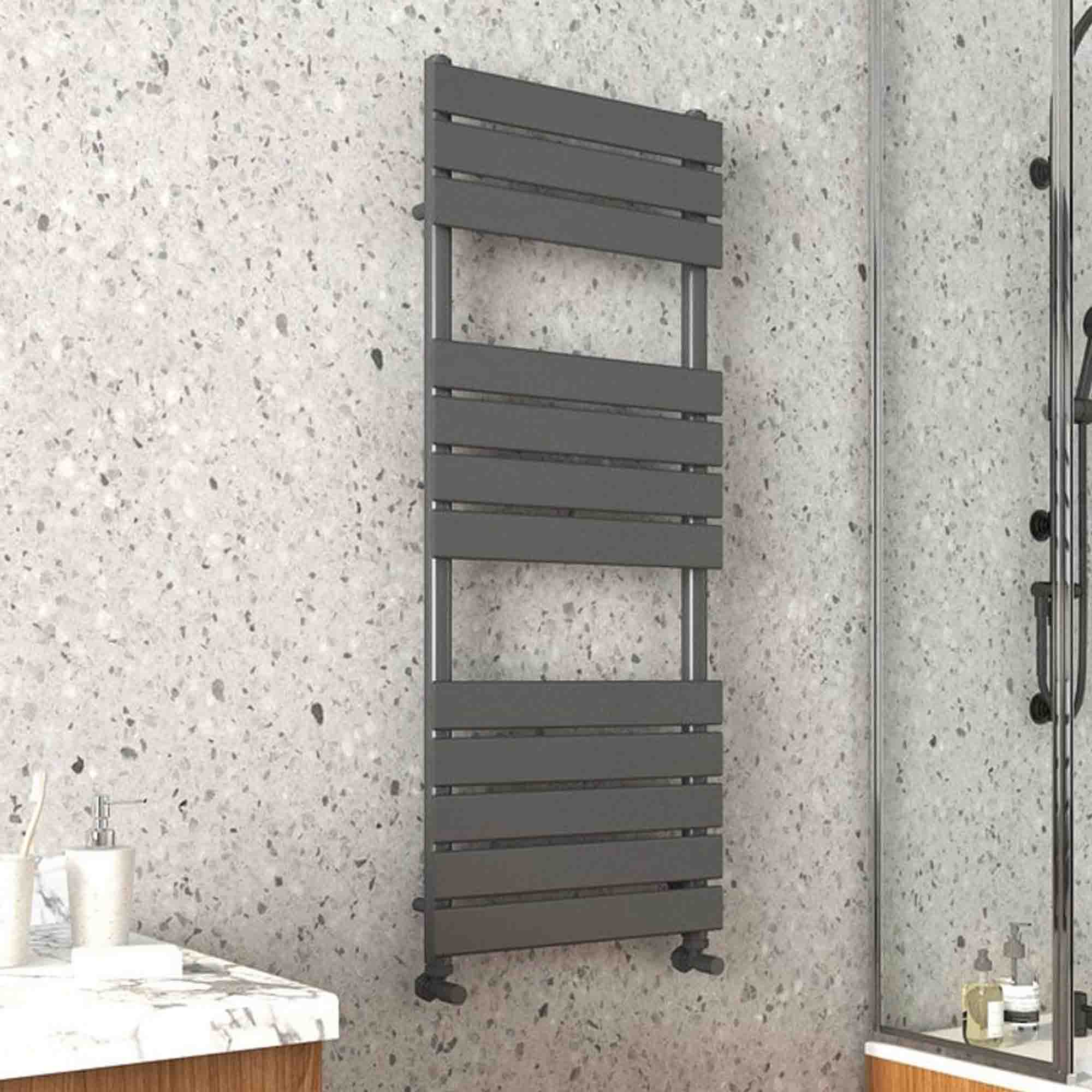 harper designer heated towel rail 1200x450mm gunmetal lifestyle