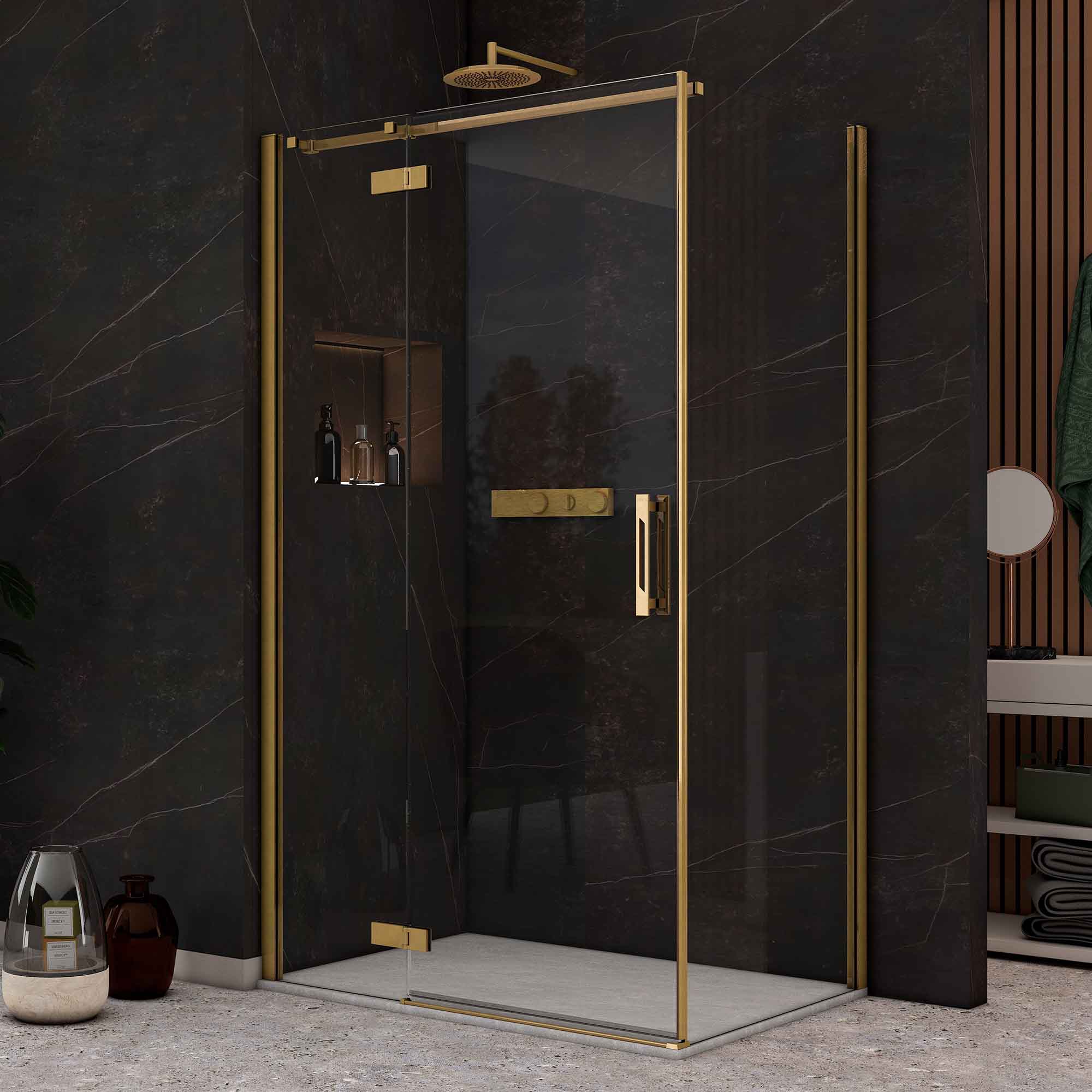 Image i9 Hinge And Inline Shower Door With Side Panel - Brushed Brass