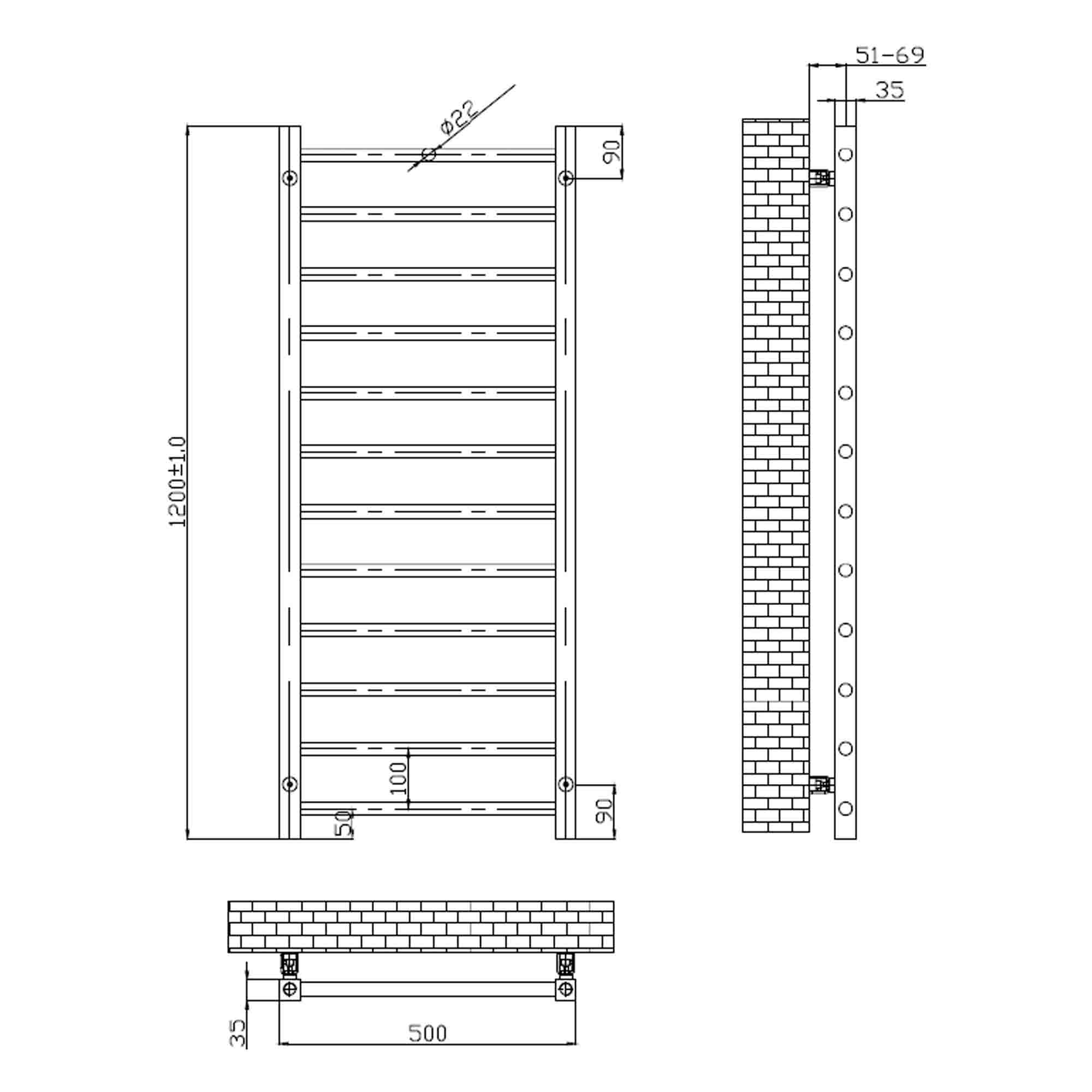 kendal heated towel rail 1200x500mm dimensions