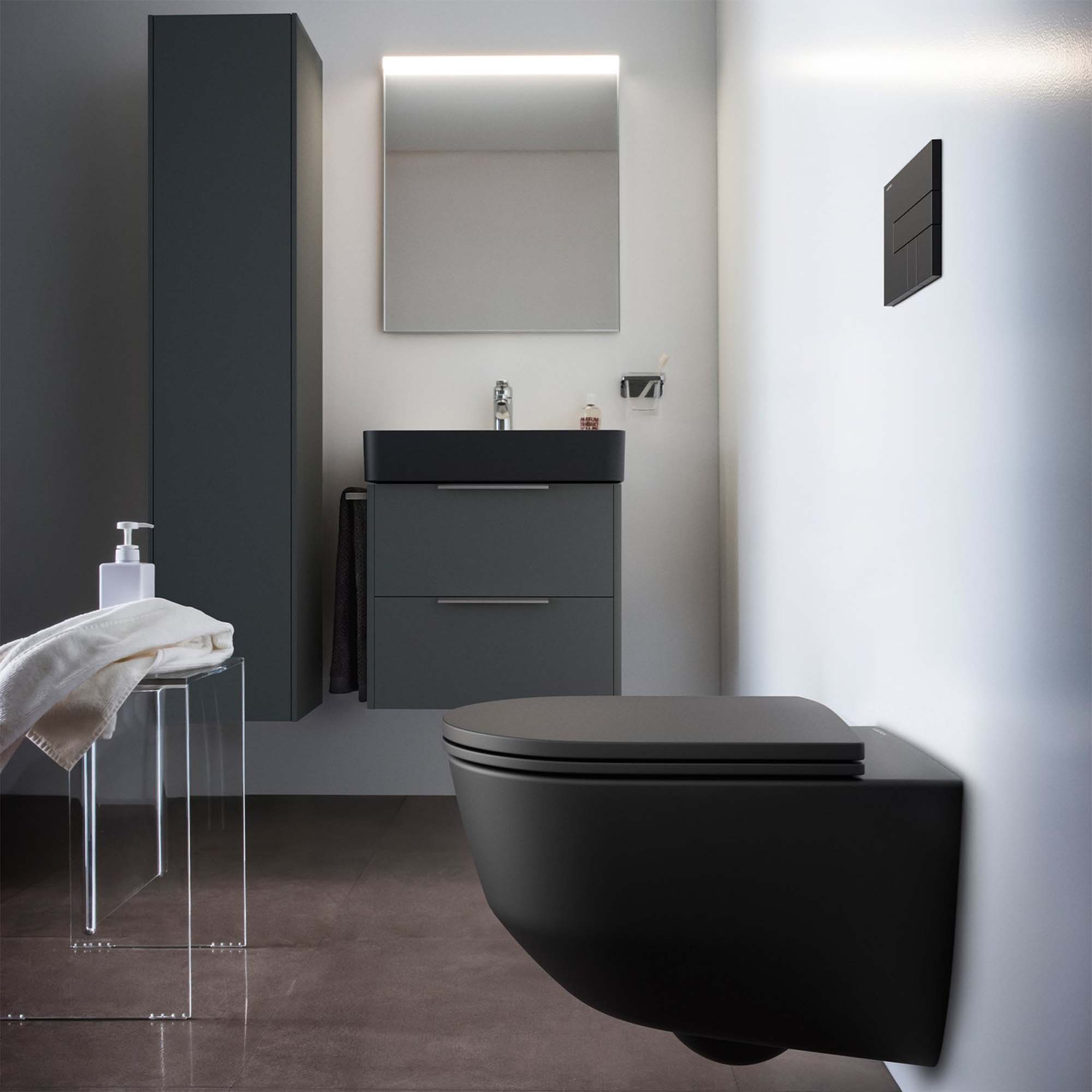 laufen pro rimless wall hung wc pan with slim soft close toilet seat matt black