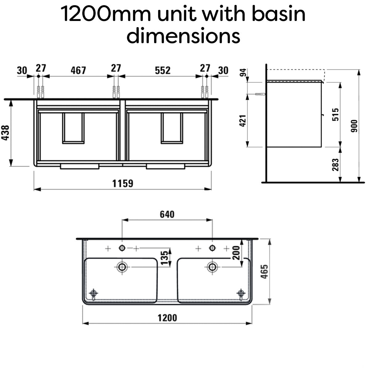 Laufen pro S Base 1200 Four Drawer Wall Hung Vanity Unit With Double Washbasin