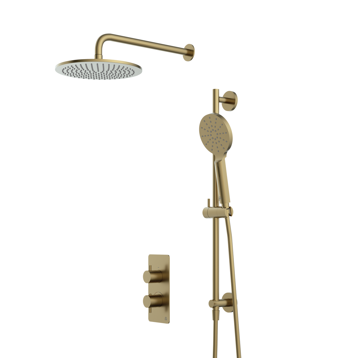 lucca minimal 2 outlet thermostatic shower valve slide rail handset and fixed overhead brushed brass