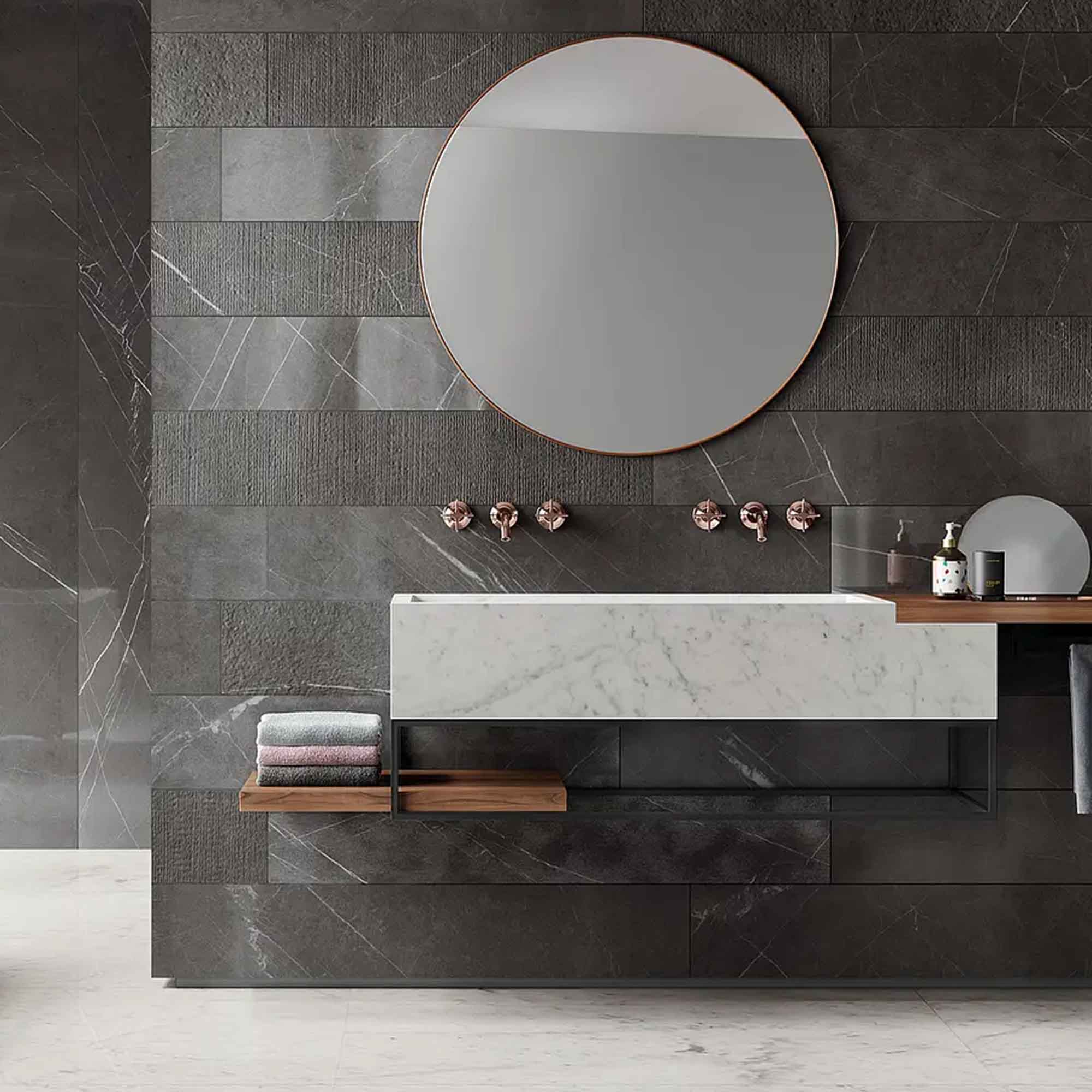 lux experience pietra grey marble effect listello mix porcelain tile 20x120cm