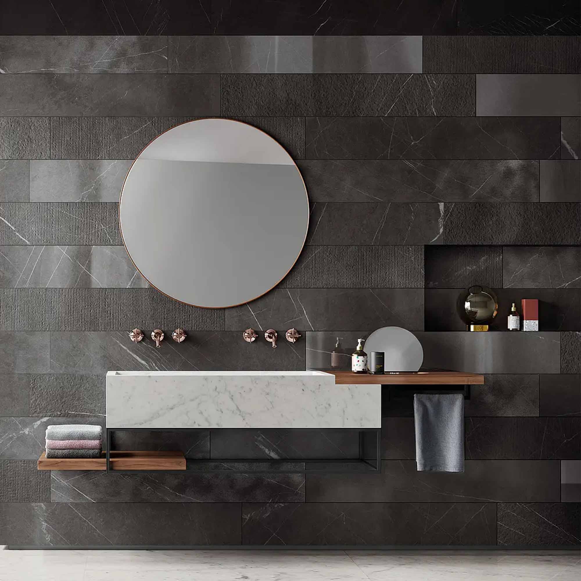 lux experience pietra grey marble effect listello mix porcelain tile 20x120cm