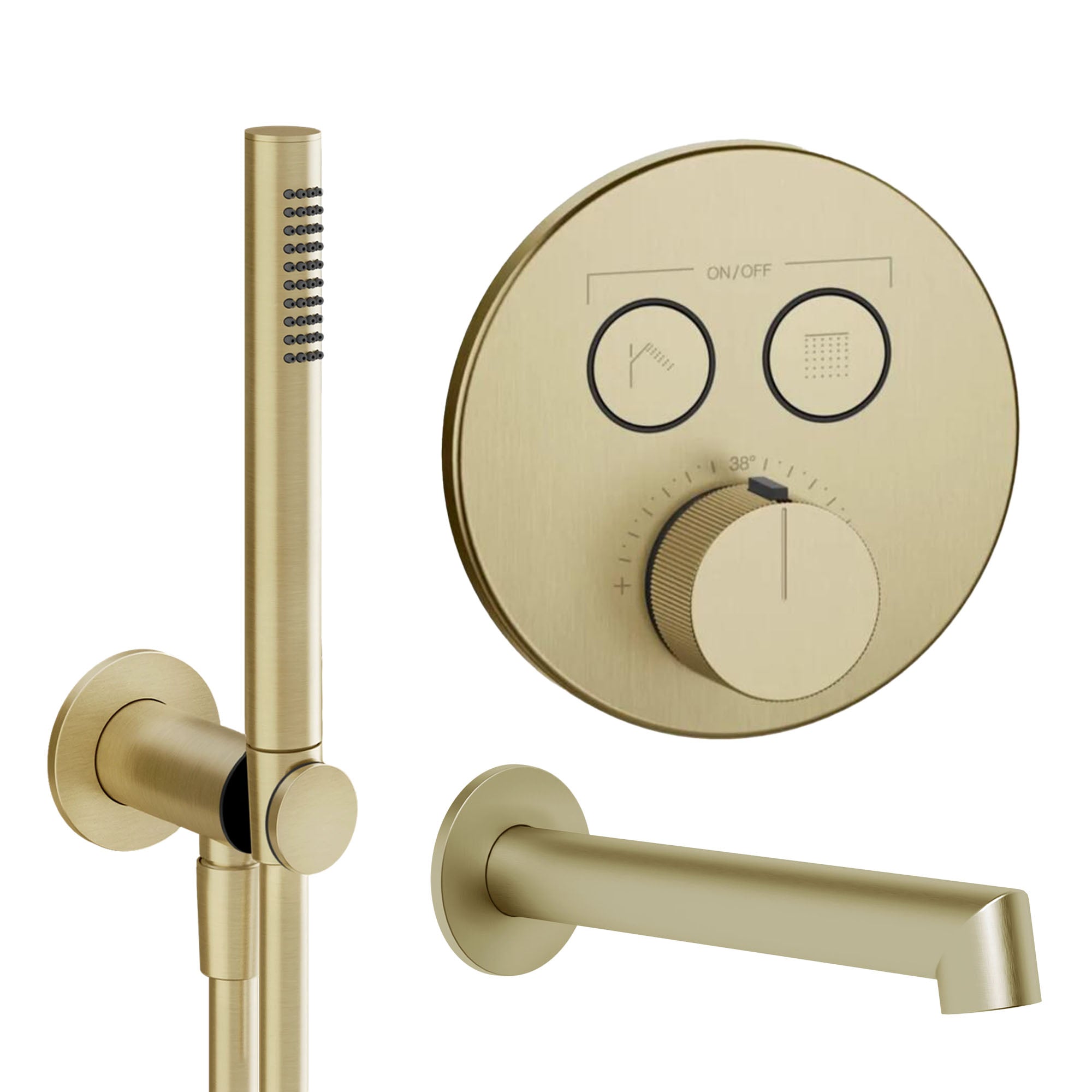 gessi manzoni 2 outlet thermostatic shower valve and pencil handset with bath spout brushed brass