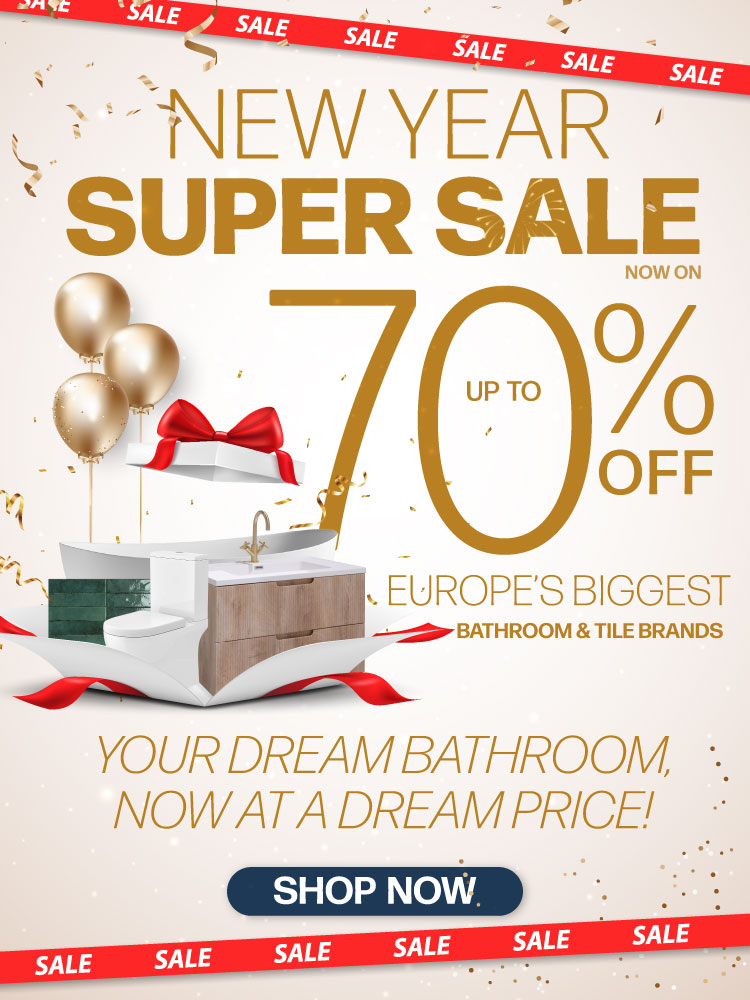bathroom and tile new year sale at deluxe bathrooms banner