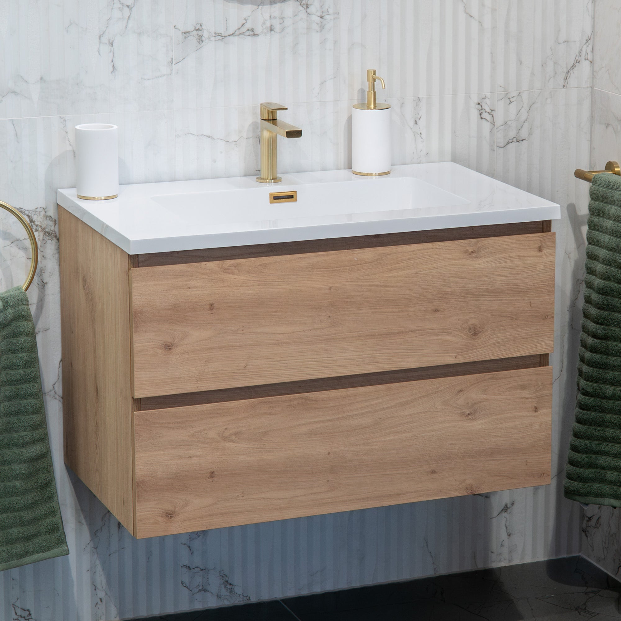 Granlusso Rocco Oak Wall Mounted Vanity Unit With Gloss White Washbasin