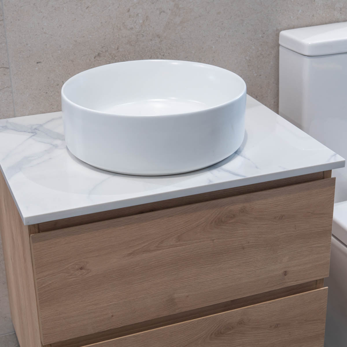 Granlusso Rocco Oak Wall Mounted Vanity Unit With Marble Effect Worktop