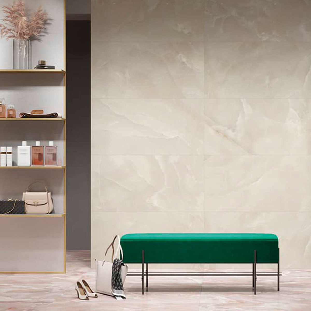 Deluxe Onyx Ivory Marble Effect Porcelain Tile 60x120cm Gloss