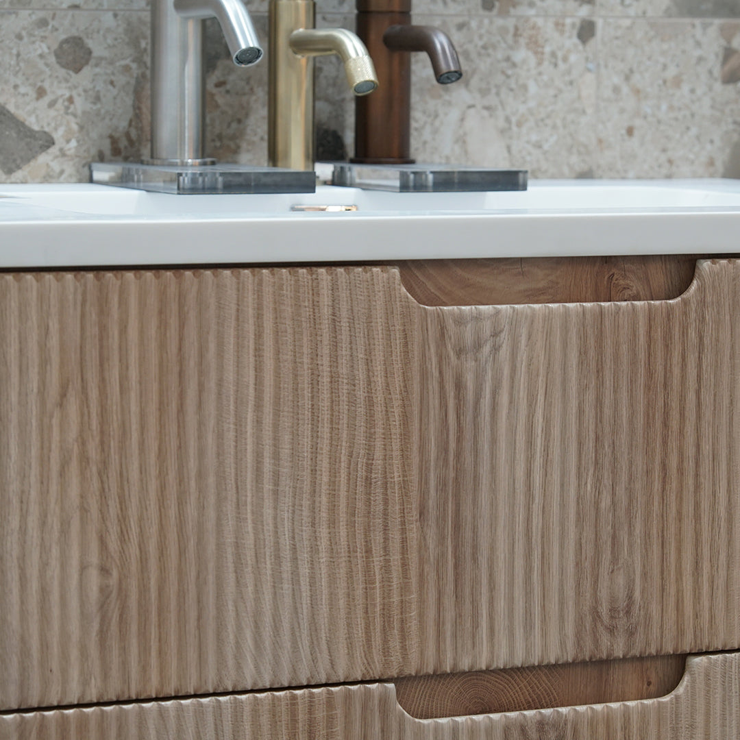Granlusso Opus Oak Fluted Wall Mounted Vanity Unit With Solid Surface Washbasin