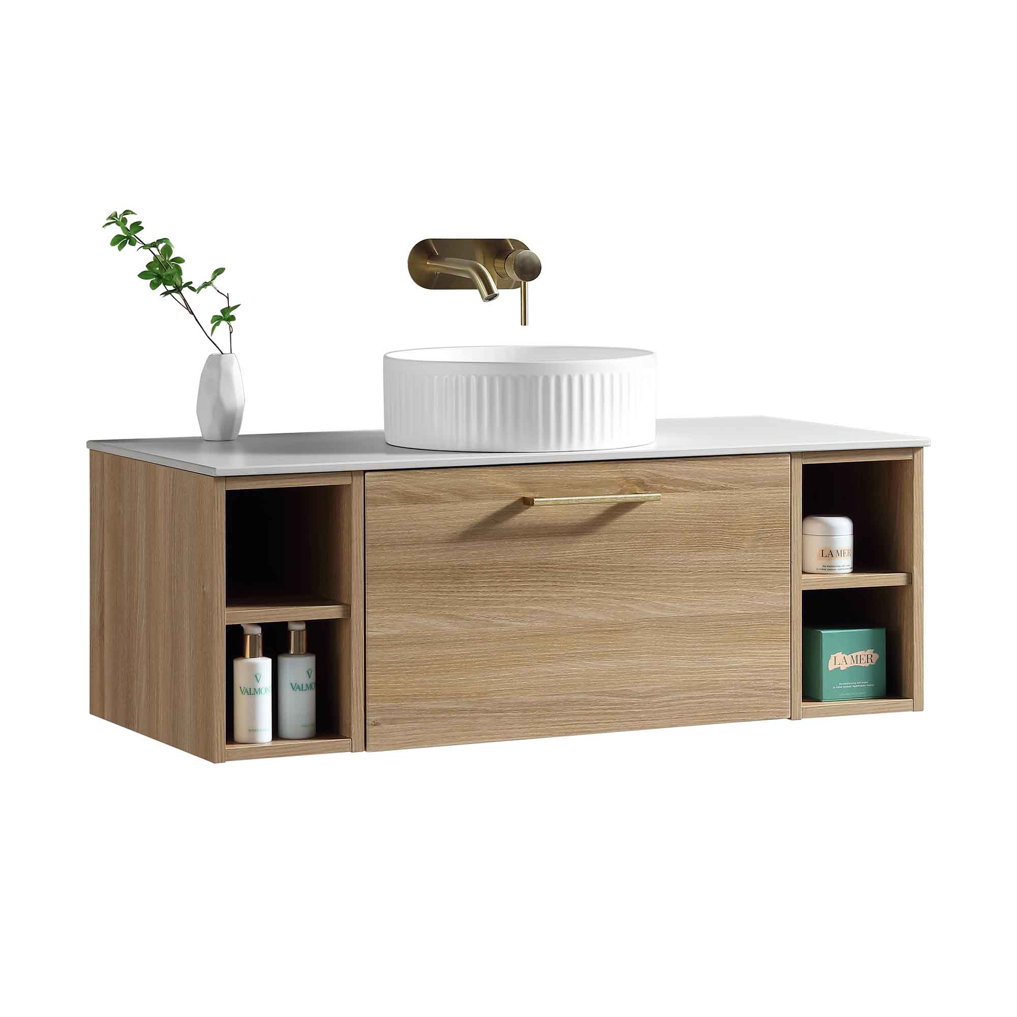 pisa 1000 wall mounted vanity unit with stone worktop and 2 open shelves country oak