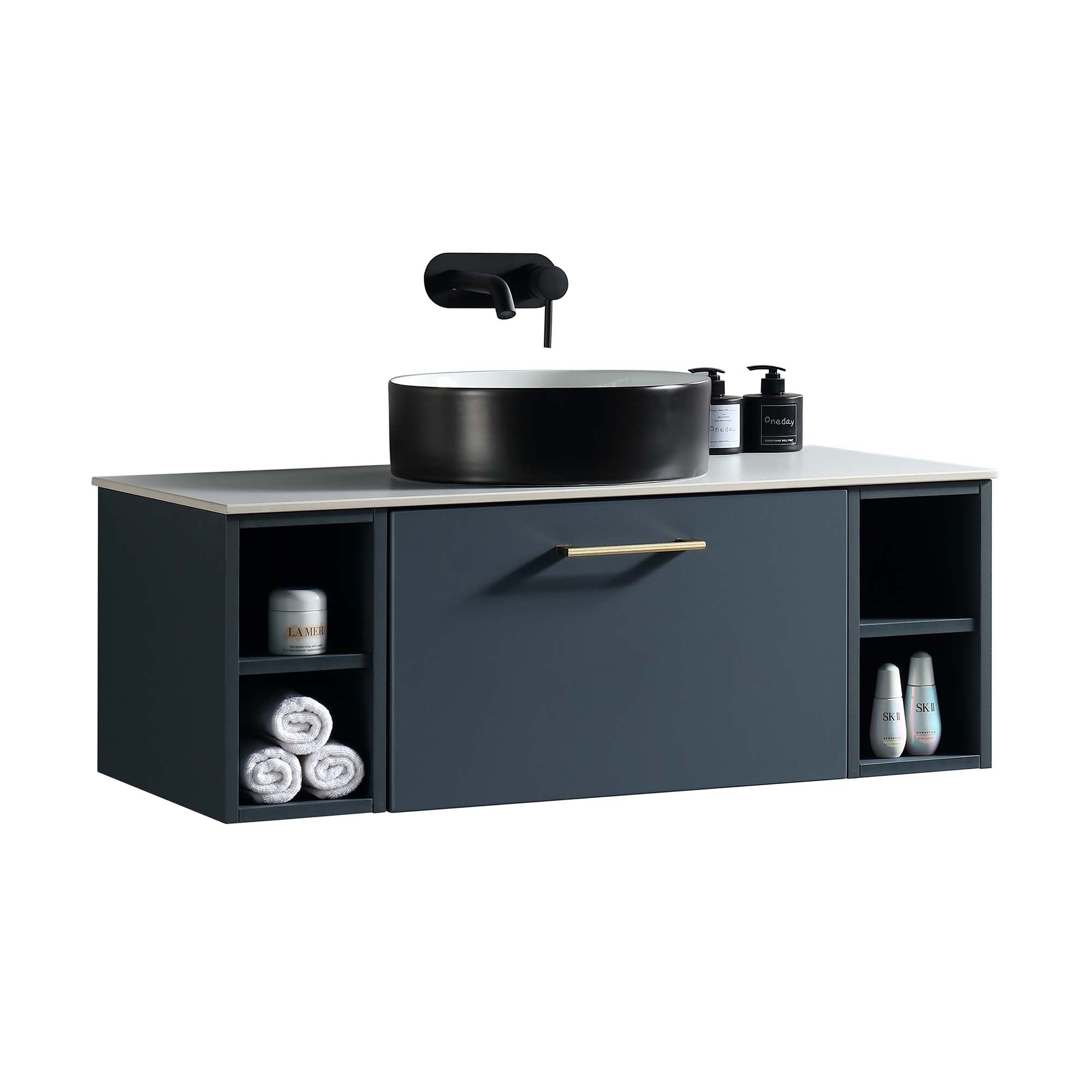 pisa 1000 wall mounted vanity unit with stone worktop and 2 open shelves midnight shadow