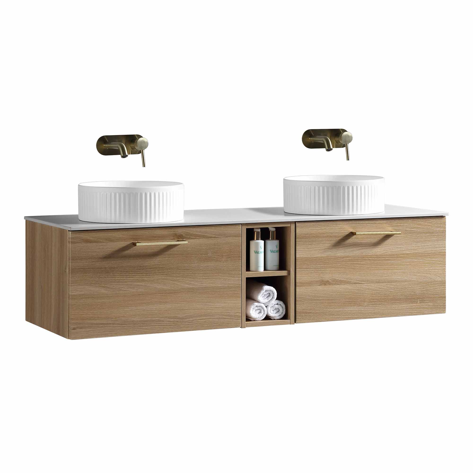 pisa 1400 wall mounted double vanity unit with stone worktop and central open shelf country oak
