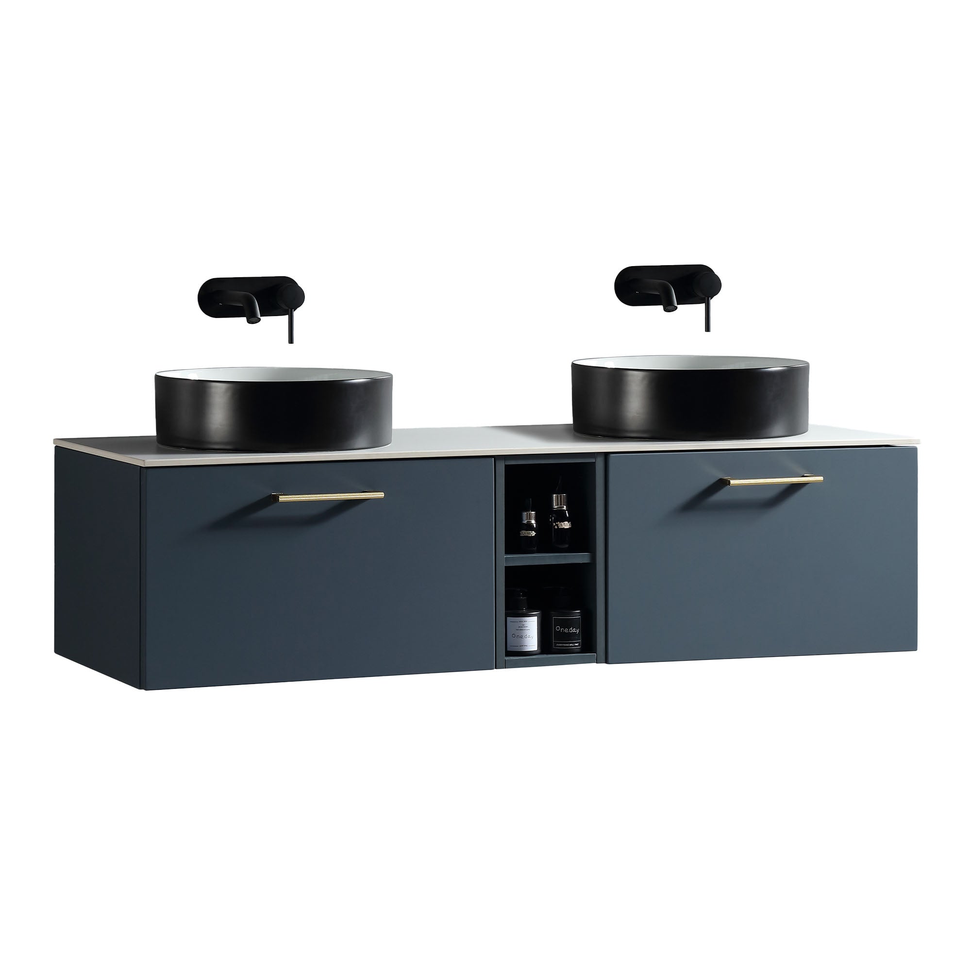 pisa 1400 wall mounted double vanity unit with stone worktop and central open shelf midnight shadow