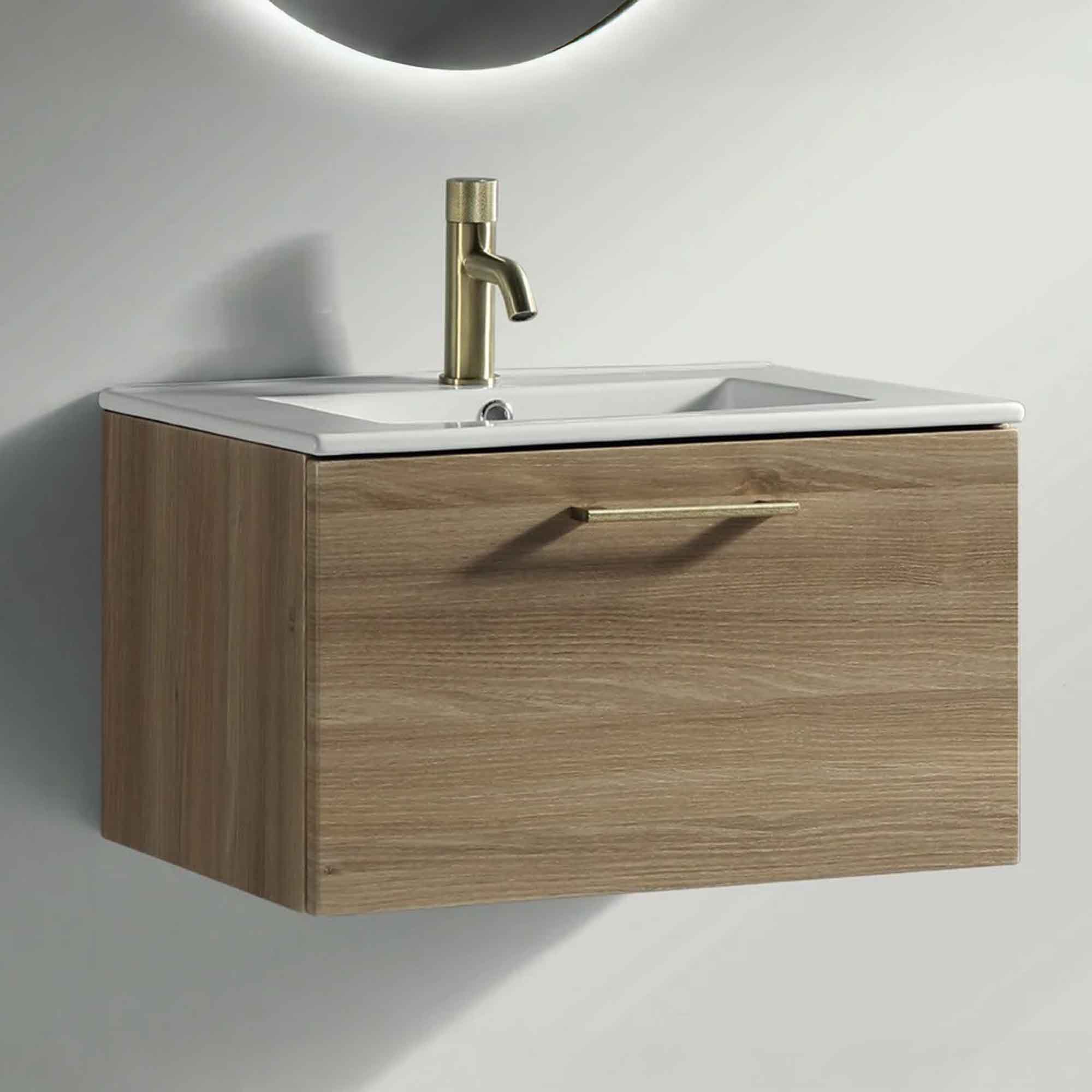 pisa 600 wall mounted 1 drawer vanity unit with washbasin country oak