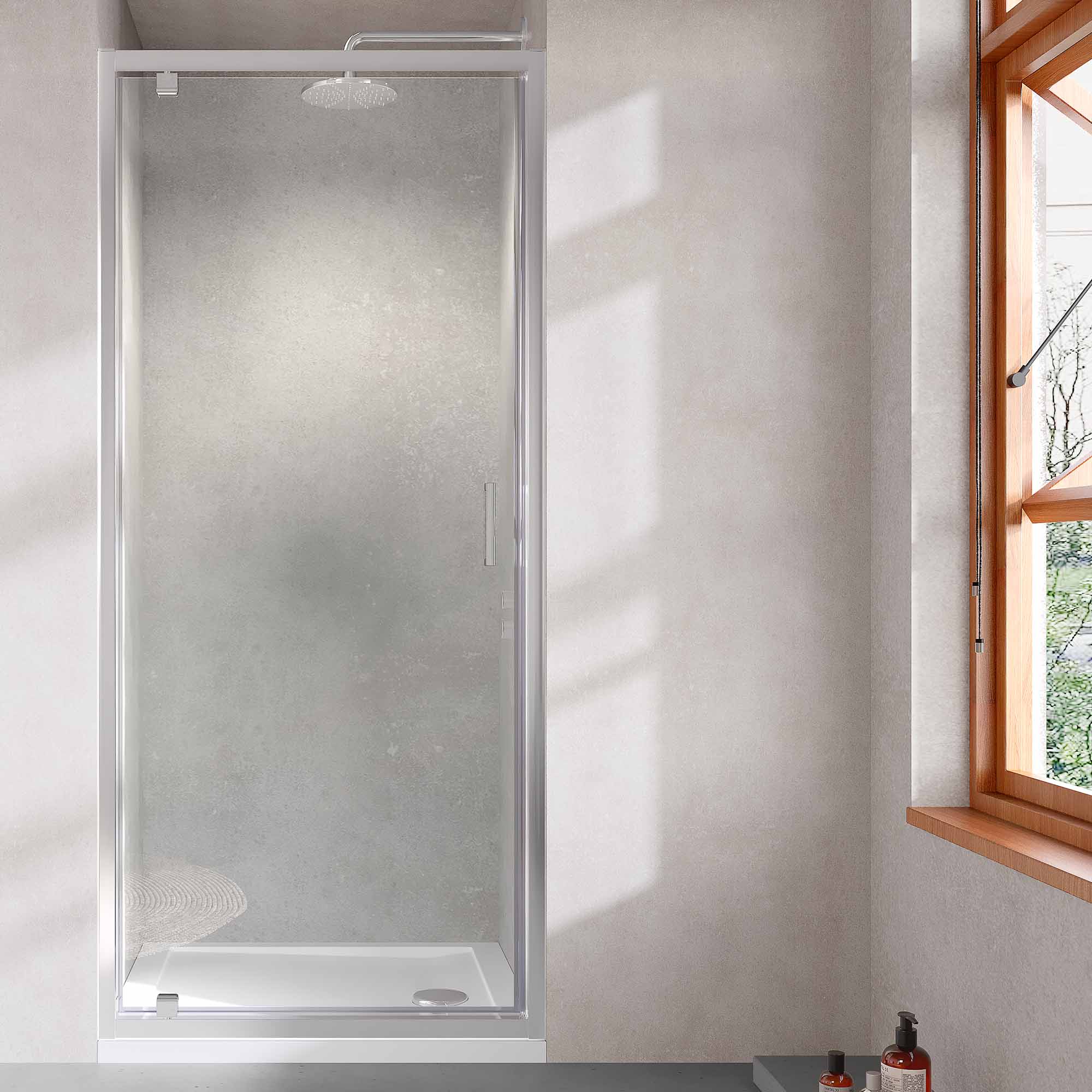 pivot shower door in recess chrome