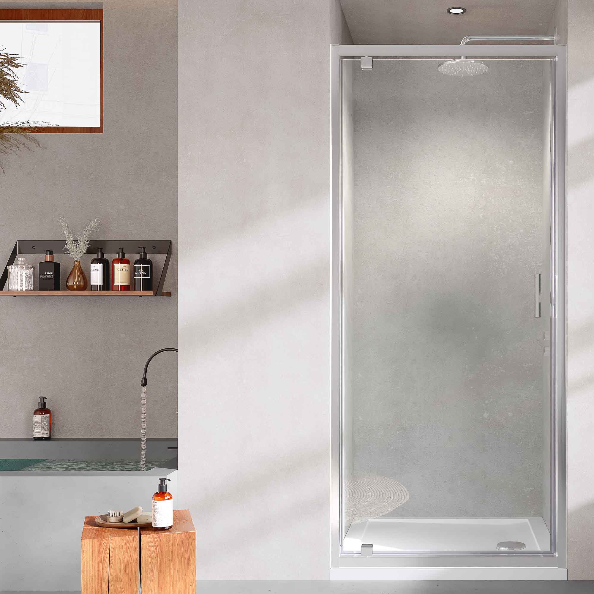 pivot shower door in recess chrome
