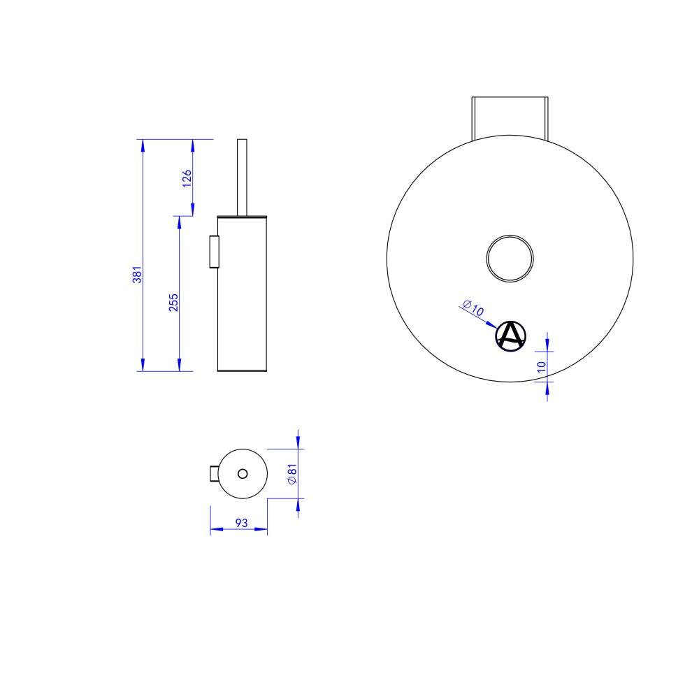 Dimensions diagram for the Rensa Wall-Mounted Toilet Brush Holder - with Brush.