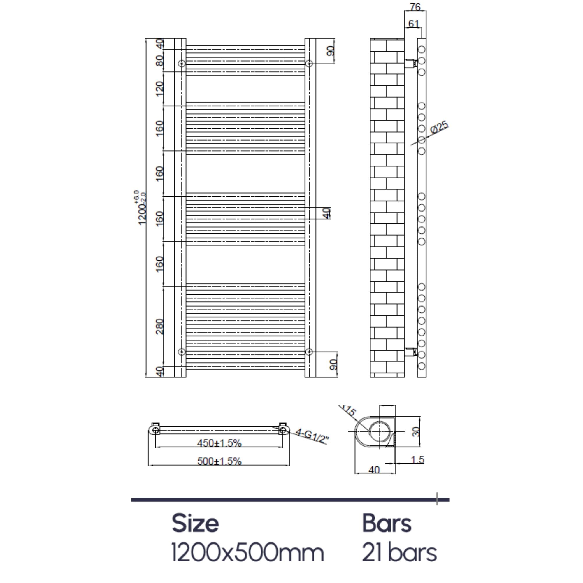 Technical drawing of soho radiator with dimensions and bar details deluxe bathrooms