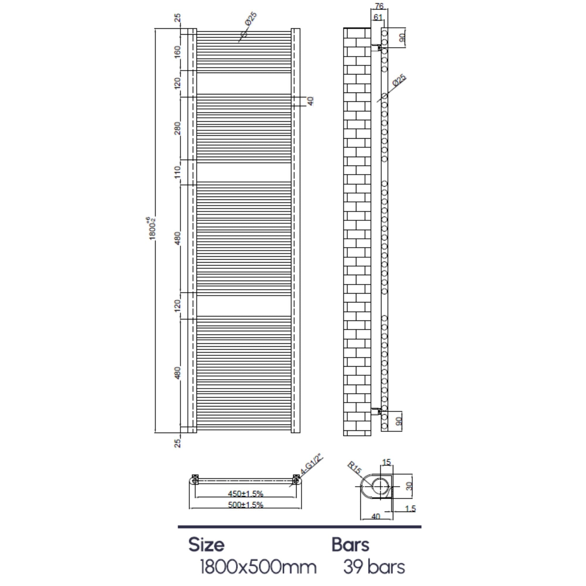 Technical drawing of soho radiator with dimensions and bar details deluxe bathrooms