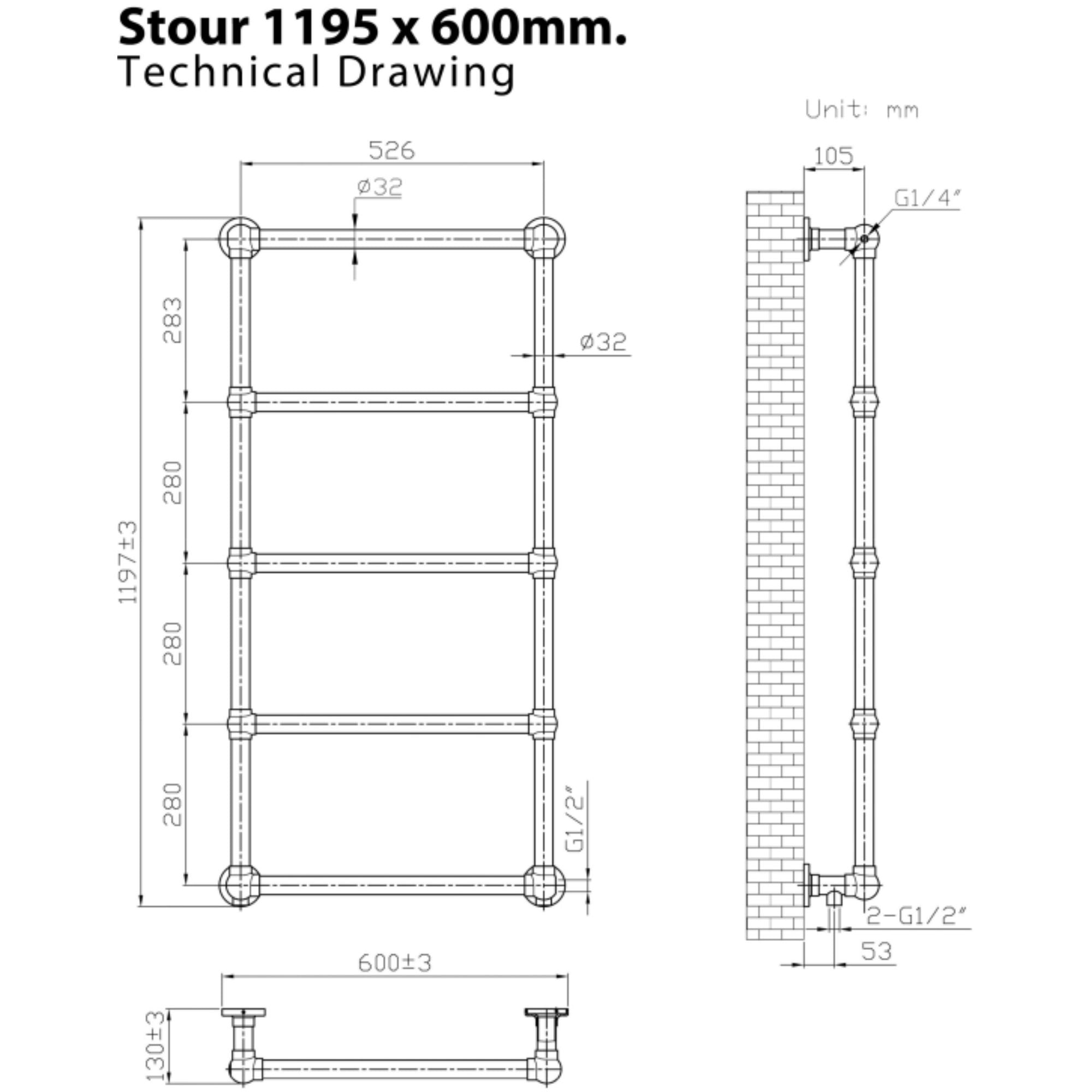 Stour Traditional Heated Towel Rail 1195x600mm Technical Drawing