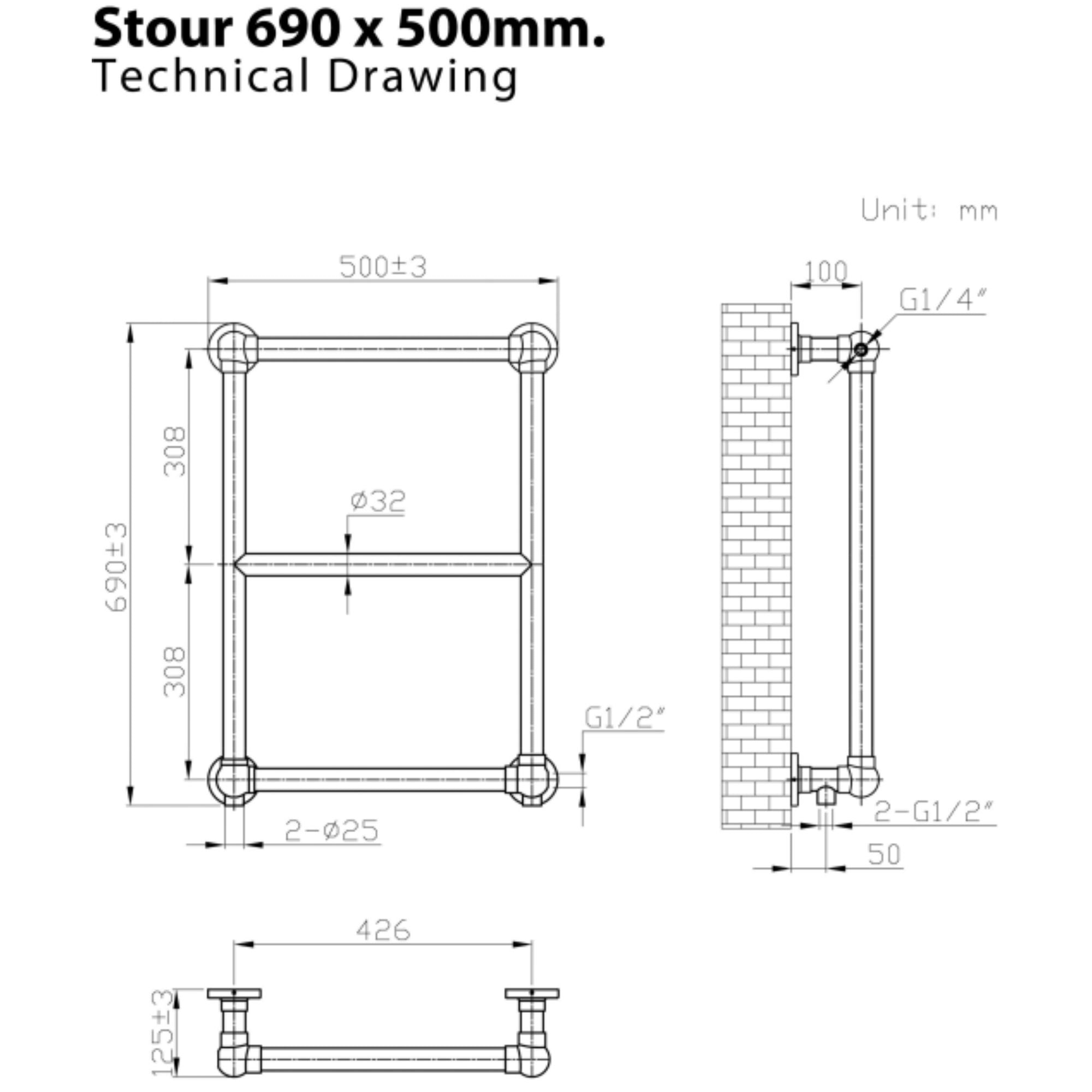 Stour Traditional Heated Towel Rail 690x500mm Technical Drawing