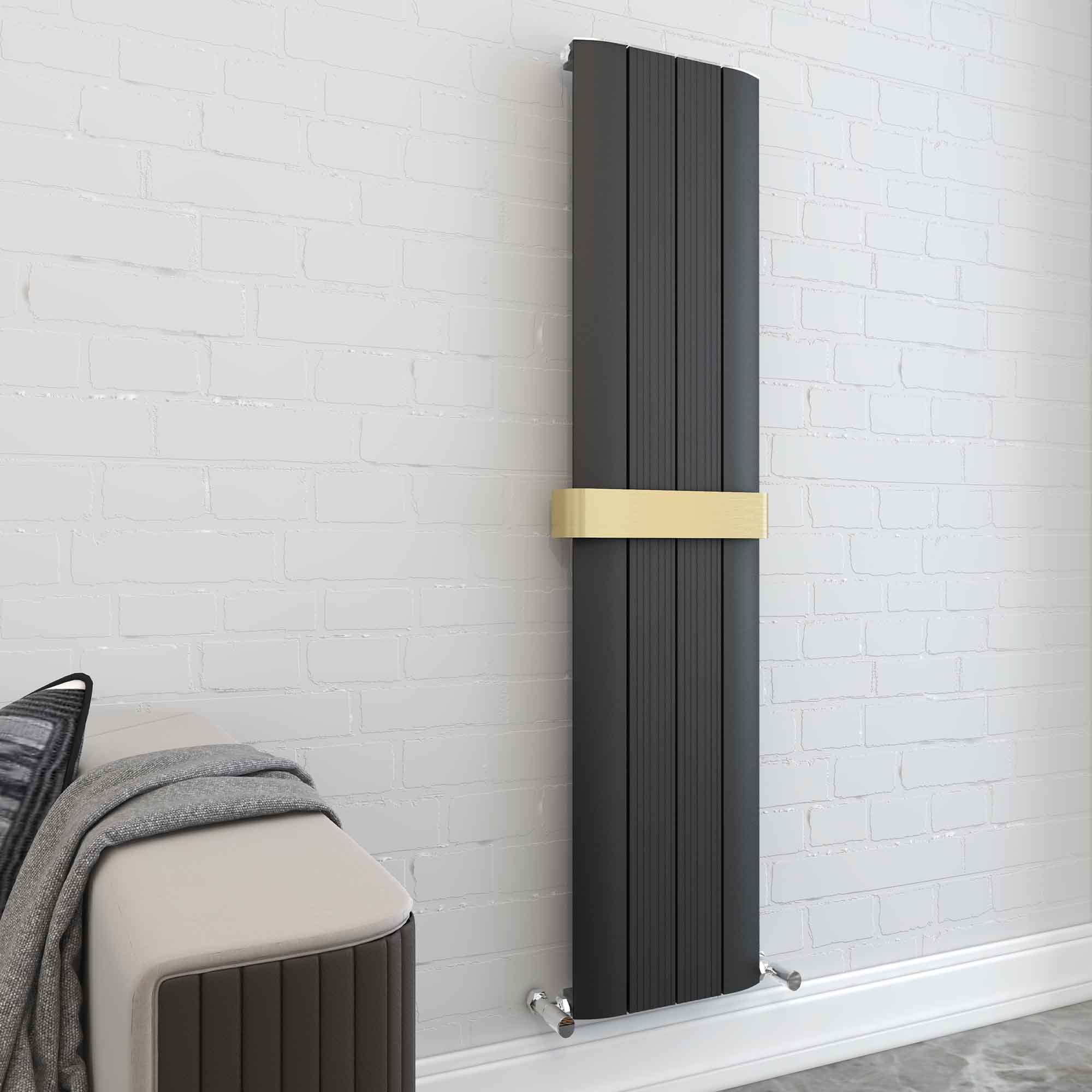 tonbridge aluminium heated towel rail 1800x375mm black with brushed brass rail bar