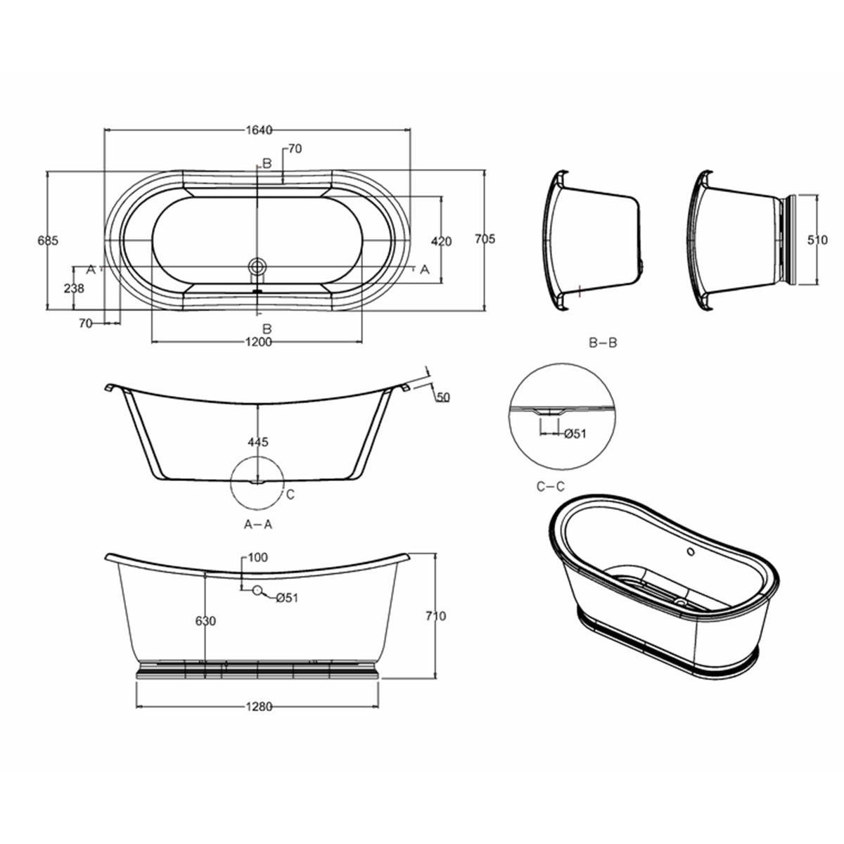 Burlington Admiral Double Ended Bath 1650mm Diagram Deluxe Bathrooms UK