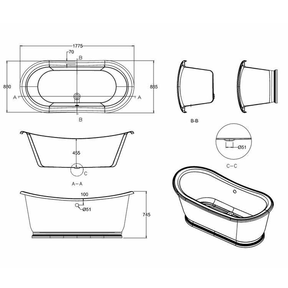 Burlington Admiral Double Ended Bath Feature 1800mm Diagram Deluxe Bathrooms UK