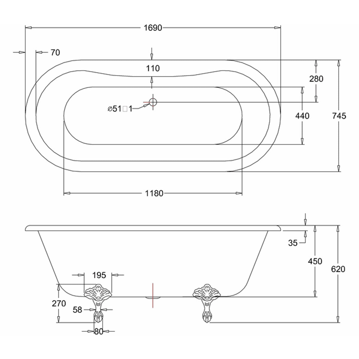 Burlington Bateau Double-Ended 1700mm Diagram Deluxe Bathrooms UK