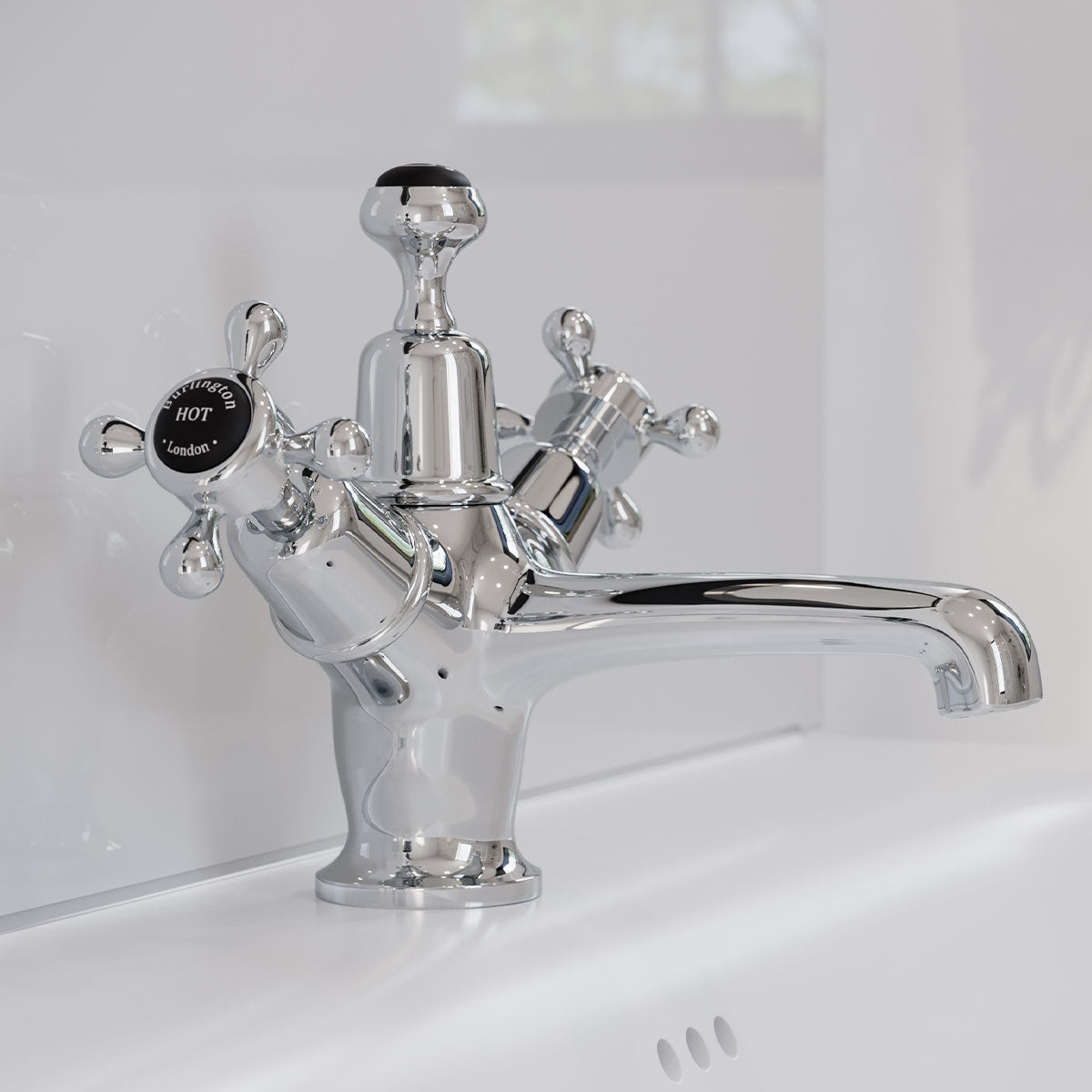 Burlington Claremont Basin Mixer With High Central Indice With Click Clack Waste Chrome White Indice Feature Deluxe Bathrooms UK