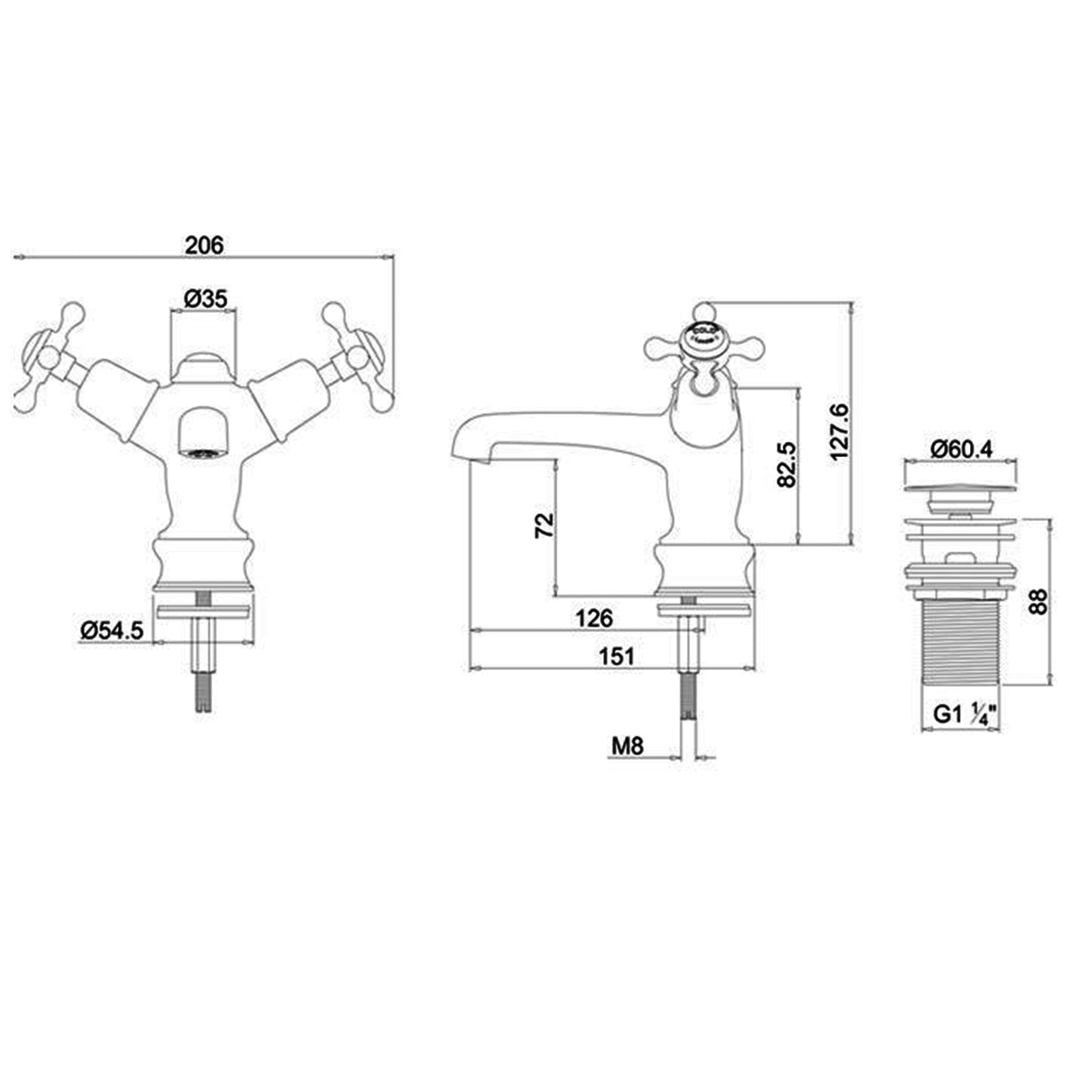 Burlington Claremont Basin Mixer With High Central Indice With Click Clack Waste Dimensions Deluxe Bathrooms UK