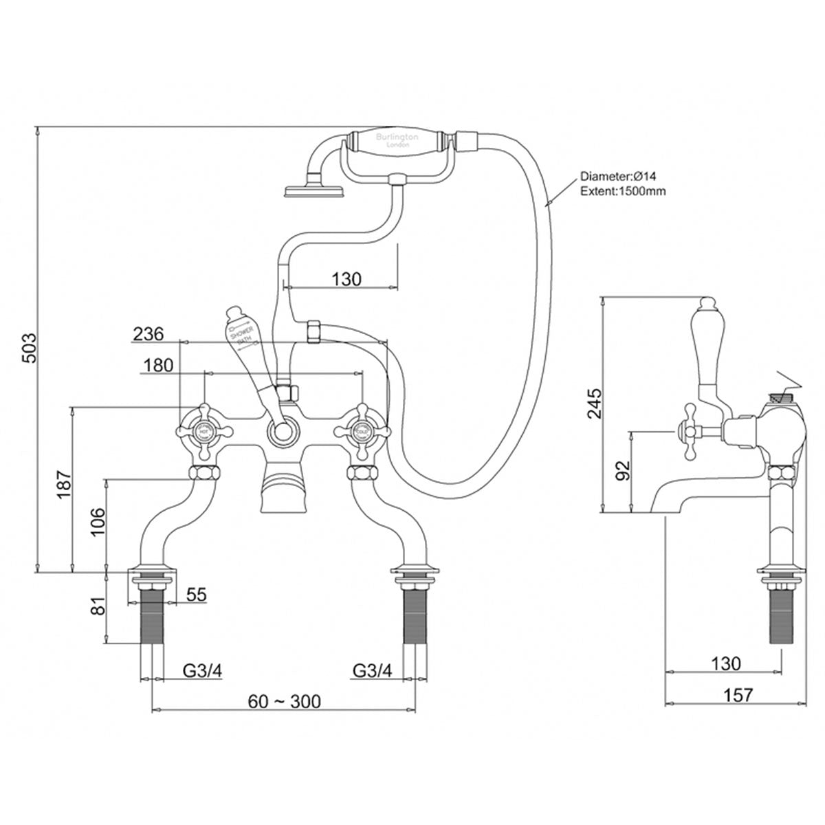 Burlington Claremont Deck Mounted Bath Shower Mixer With S Adjuster Deluxe Bathrooms UK